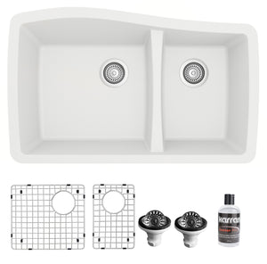 Alternate Image for Karran 34" Undermount Quartz Composite Kitchen Sink with Accessories, 60/40 Double Bowl, White, QU-721-WH-PK1