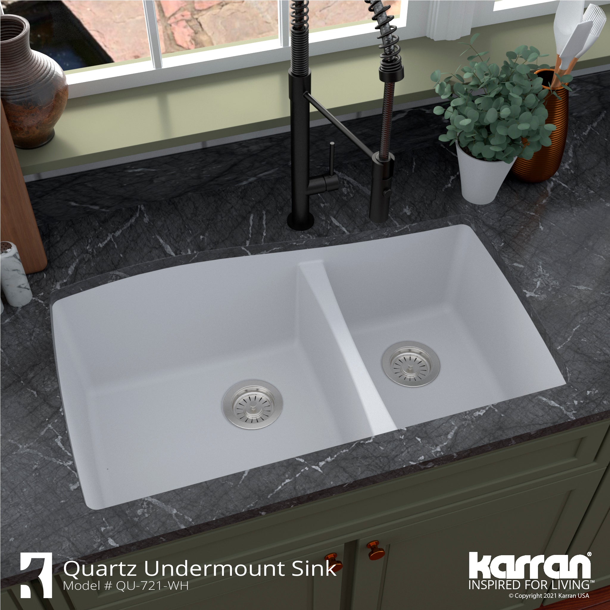 Karran 34" Undermount Quartz Composite Kitchen Sink with Accessories, 60/40 Double Bowl, White, QU-721-WH-PK1