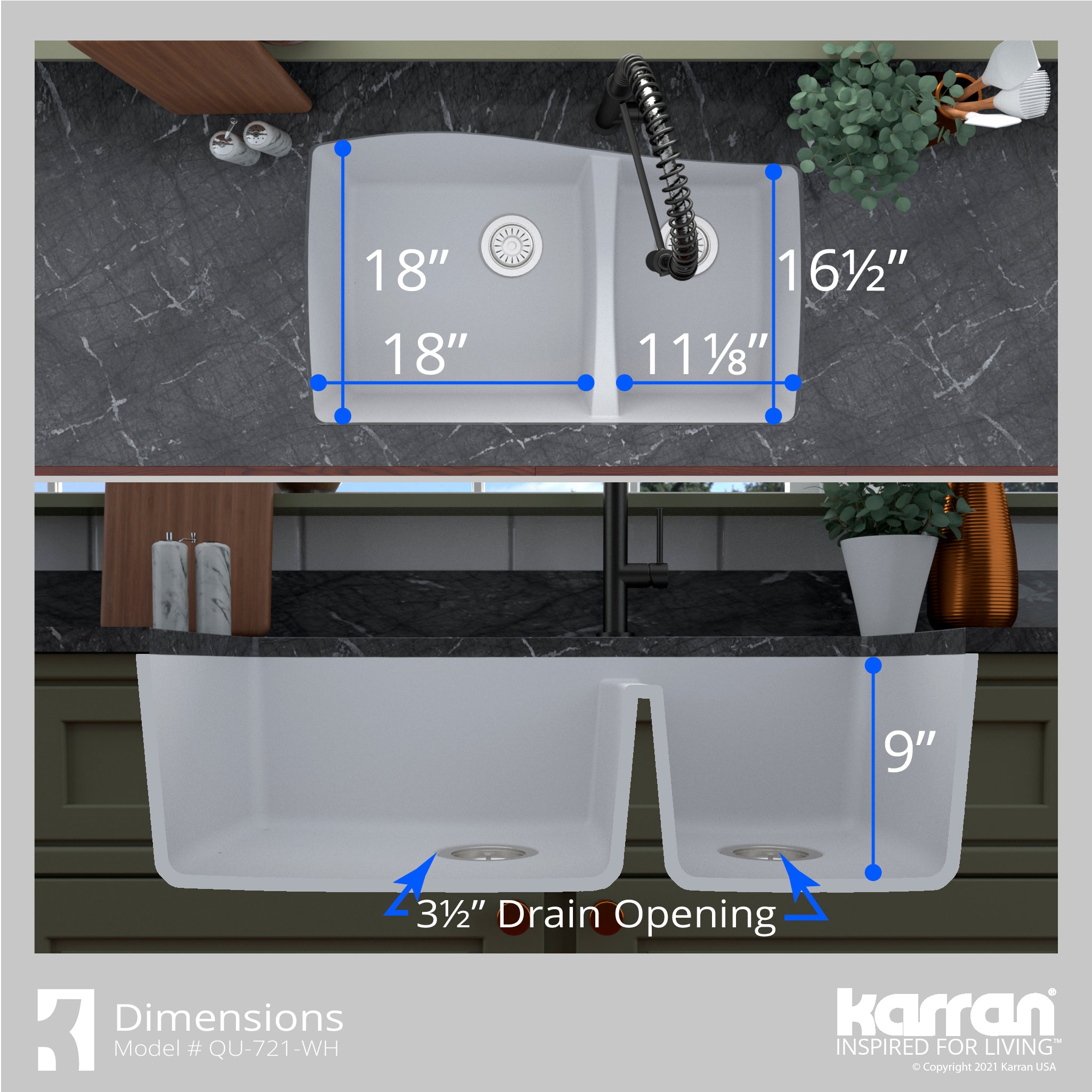 Karran 34" Undermount Quartz Composite Kitchen Sink with Accessories, 60/40 Double Bowl, White, QU-721-WH-PK1