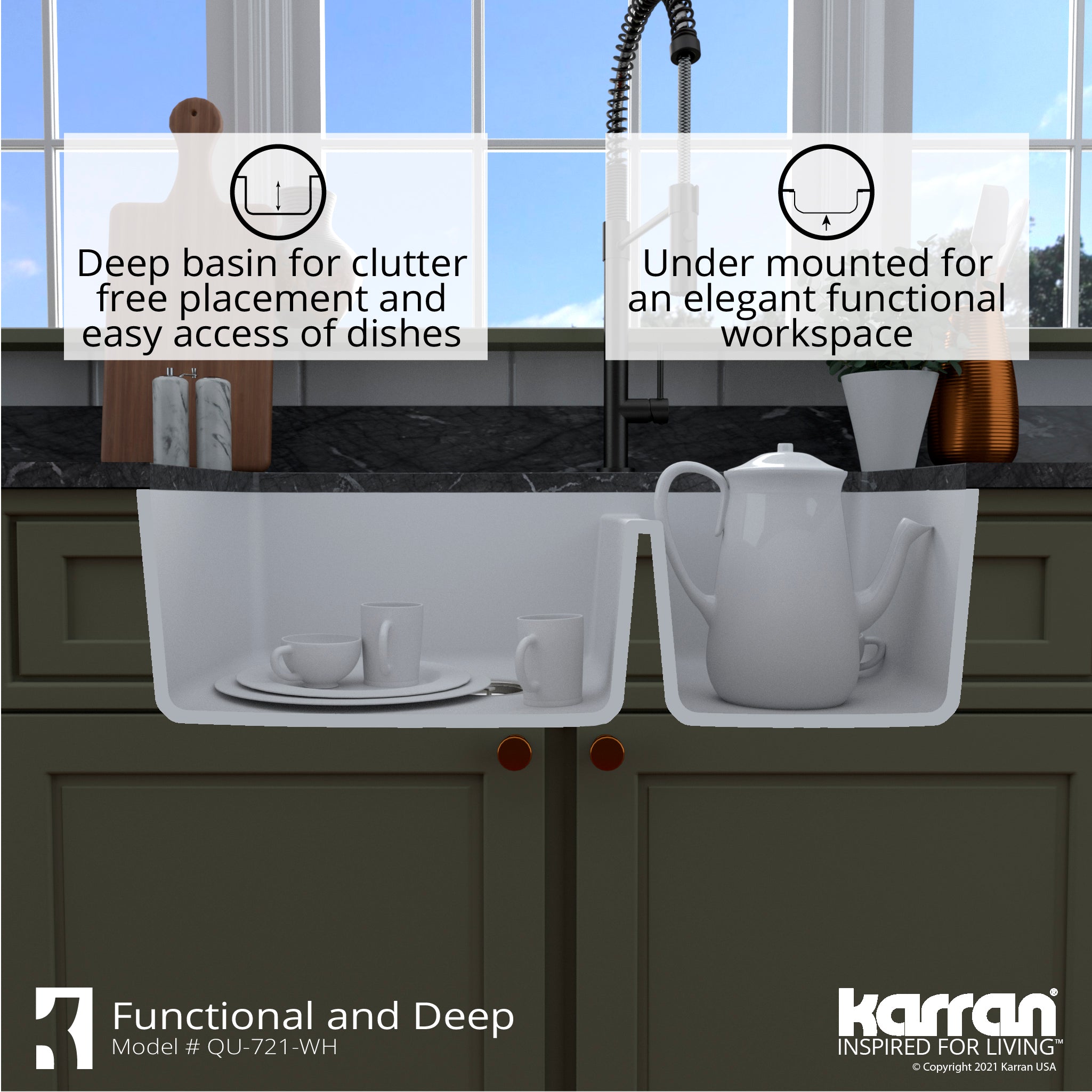 Karran 34" Undermount Quartz Composite Kitchen Sink with Accessories, 60/40 Double Bowl, White, QU-721-WH-PK1
