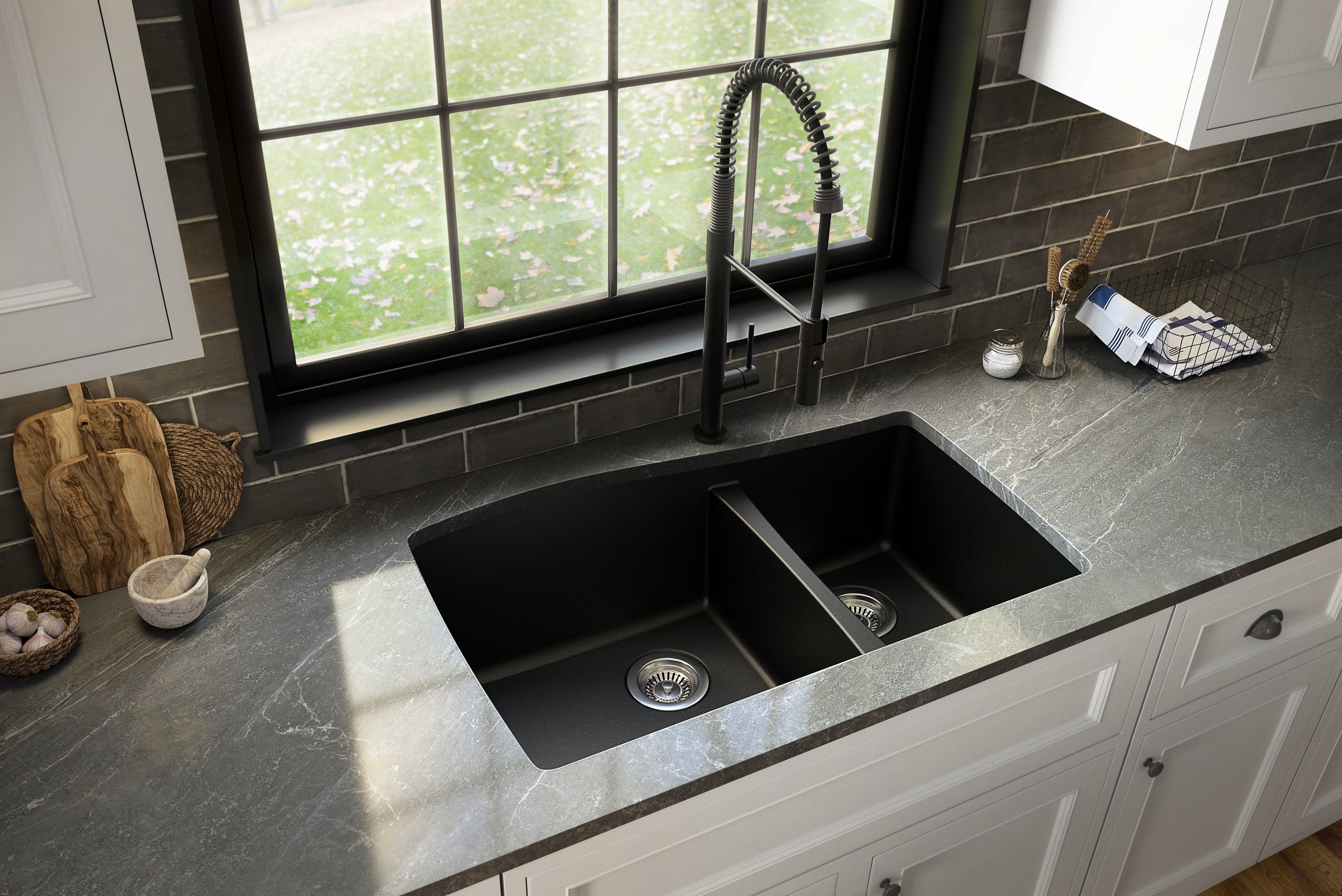 Karran 34" Undermount Quartz Composite Kitchen Sink with Accessories, 60/40 Double Bowl, Black, QU-721-BL-PK1