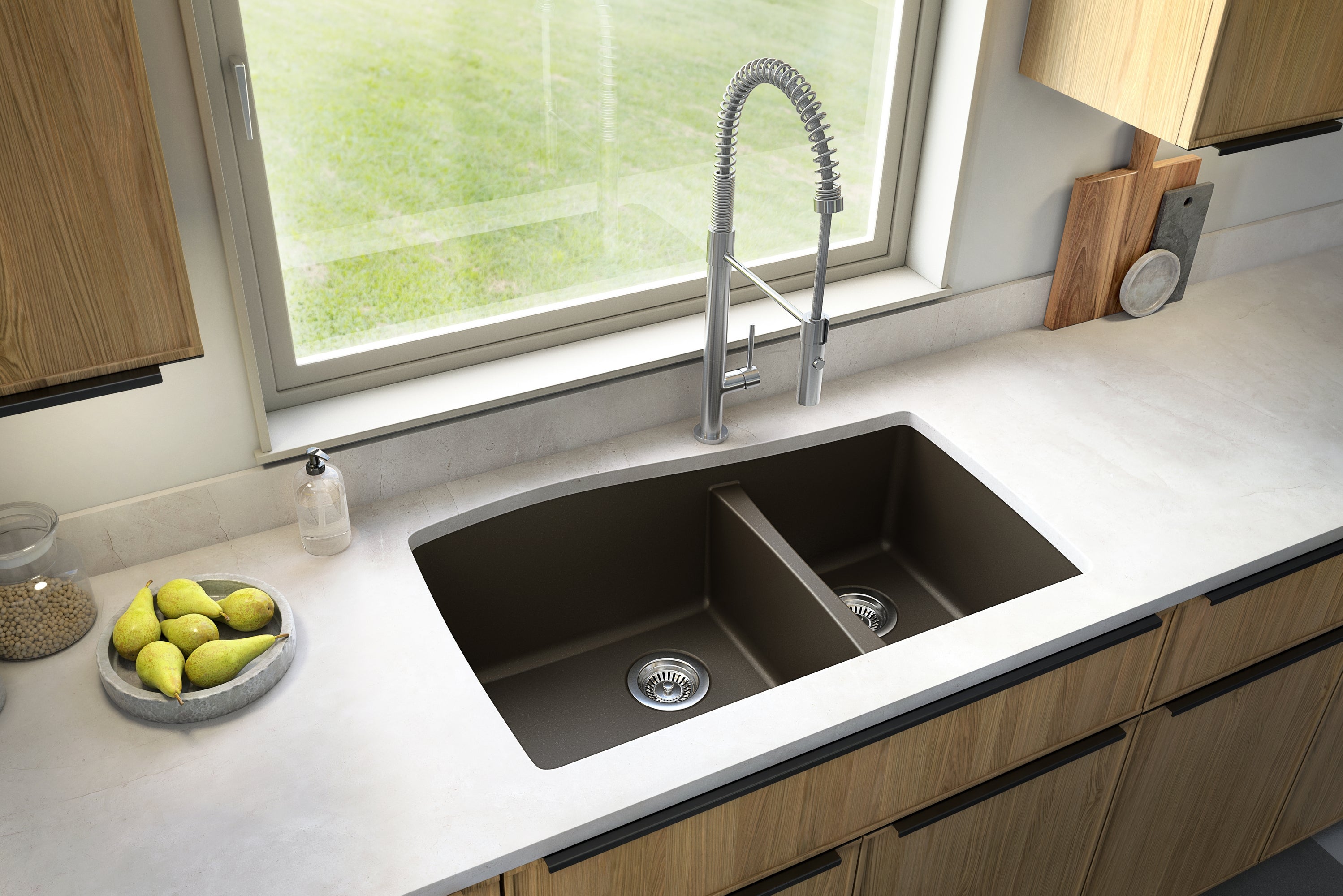 Karran 34" Undermount Quartz Composite Kitchen Sink with Accessories, 60/40 Double Bowl, Brown, QU-721-BR-PK1