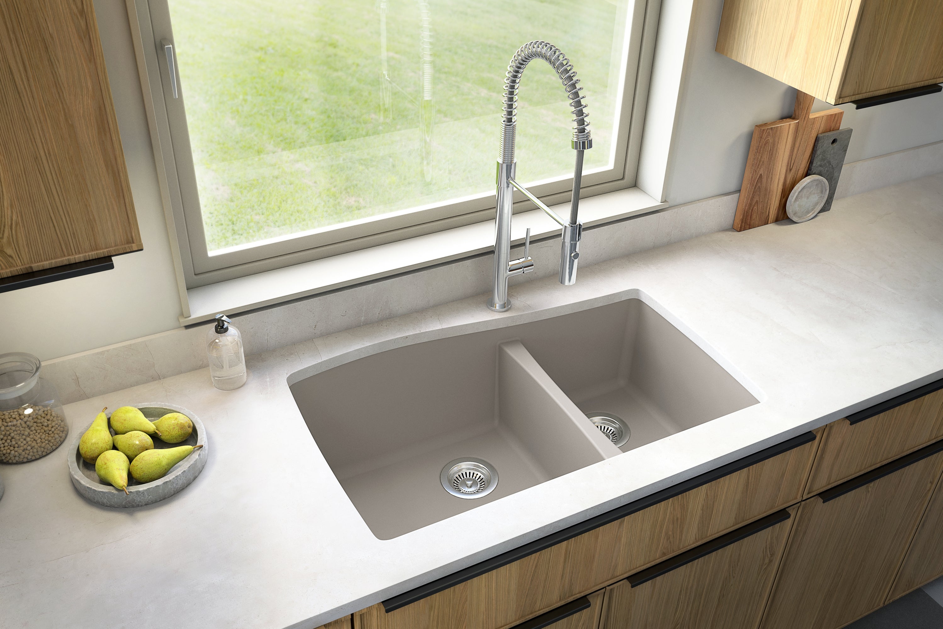 Karran 34" Undermount Quartz Composite Kitchen Sink with Accessories, 60/40 Double Bowl, Concrete, QU-721-CN-PK1