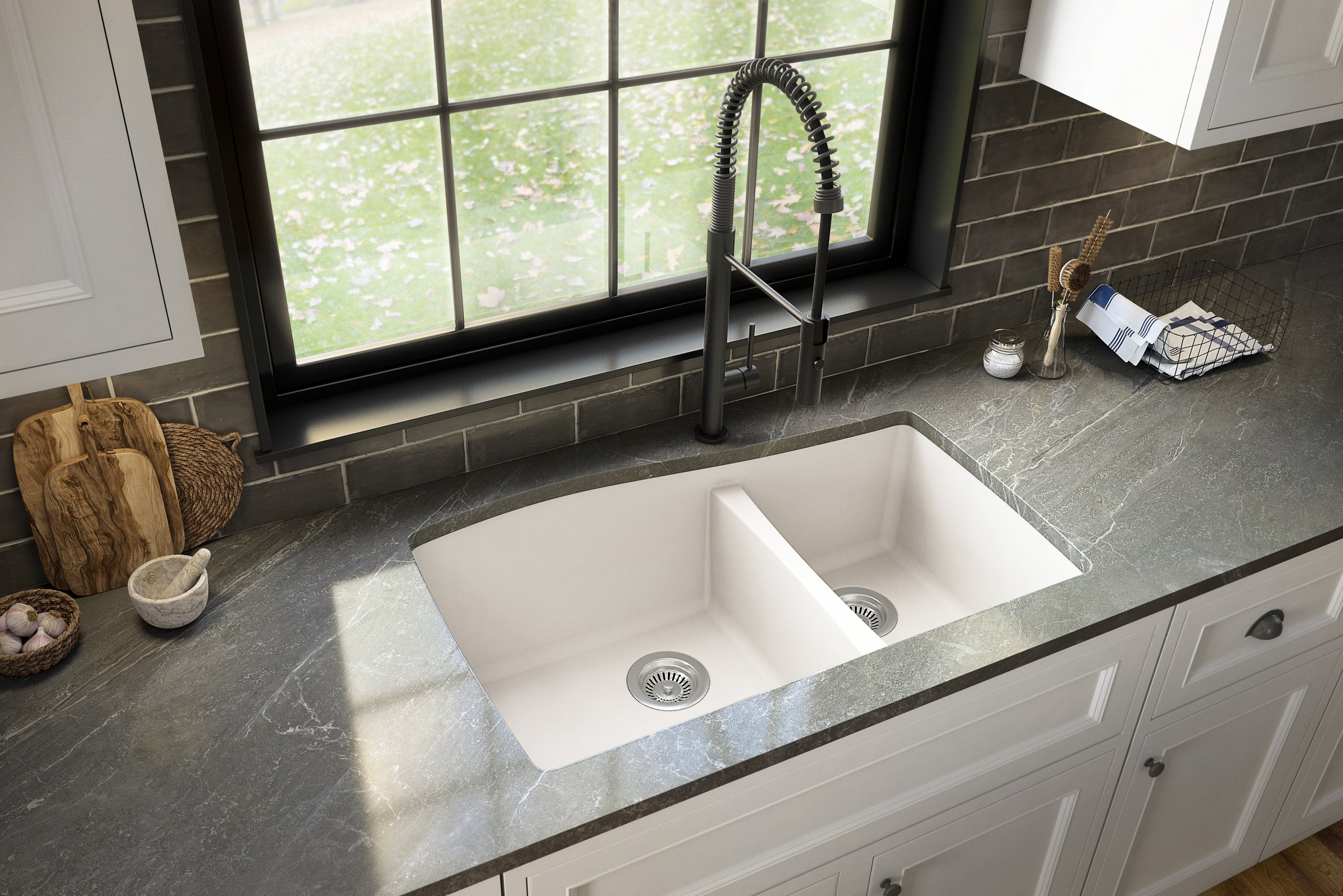 Karran 34" Undermount Quartz Composite Kitchen Sink with Accessories, 60/40 Double Bowl, White, QU-721-WH-PK1