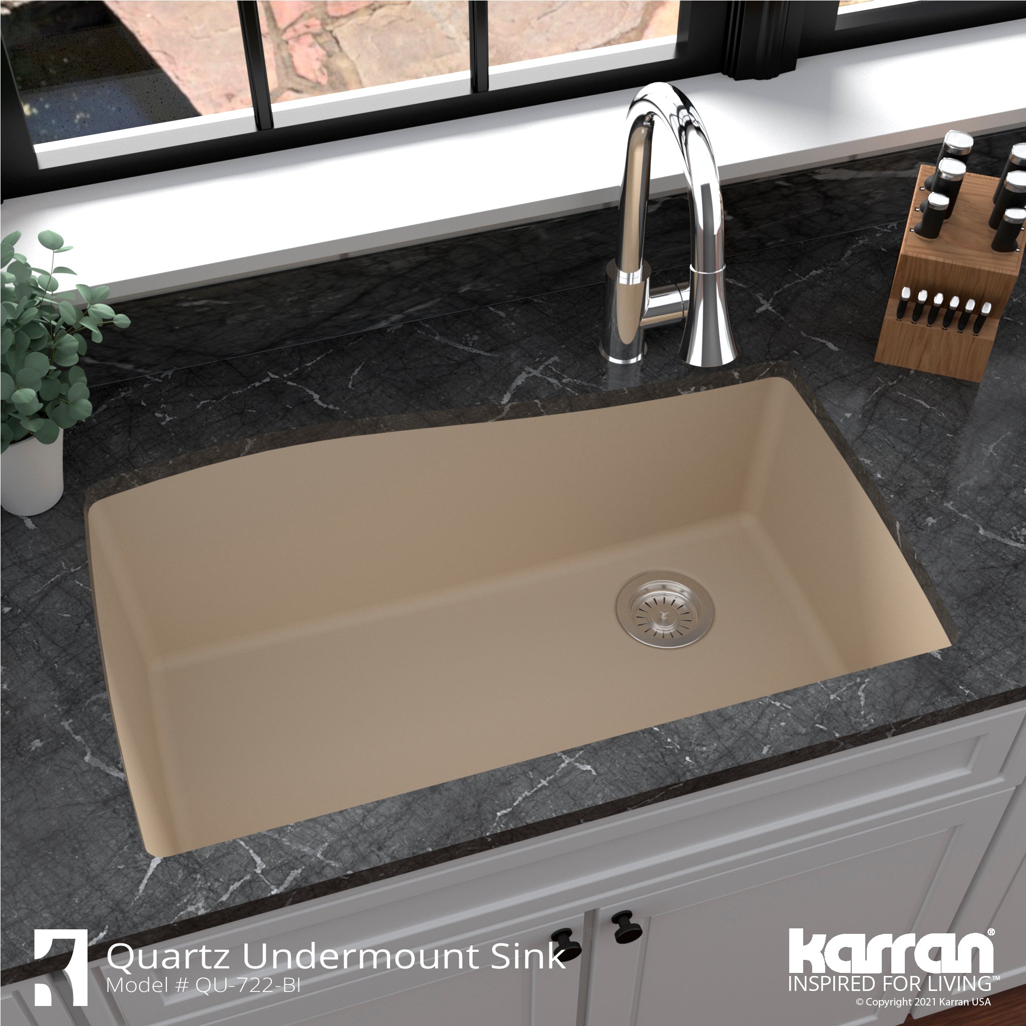 Karran 34" Undermount Quartz Composite Kitchen Sink with Accessories, Bisque, QU-722-BI-PK1
