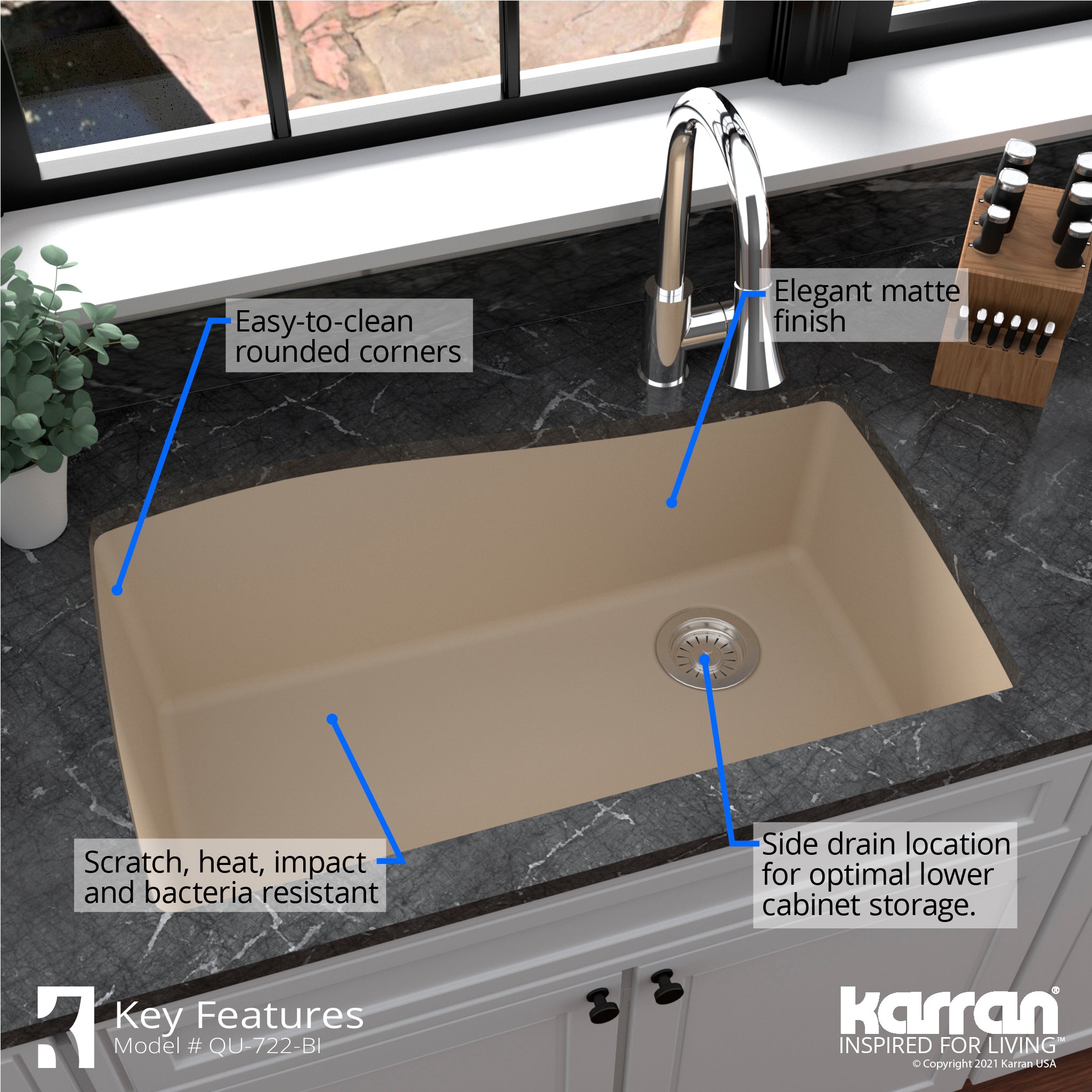 Karran 34" Undermount Quartz Composite Kitchen Sink with Accessories, Bisque, QU-722-BI-PK1