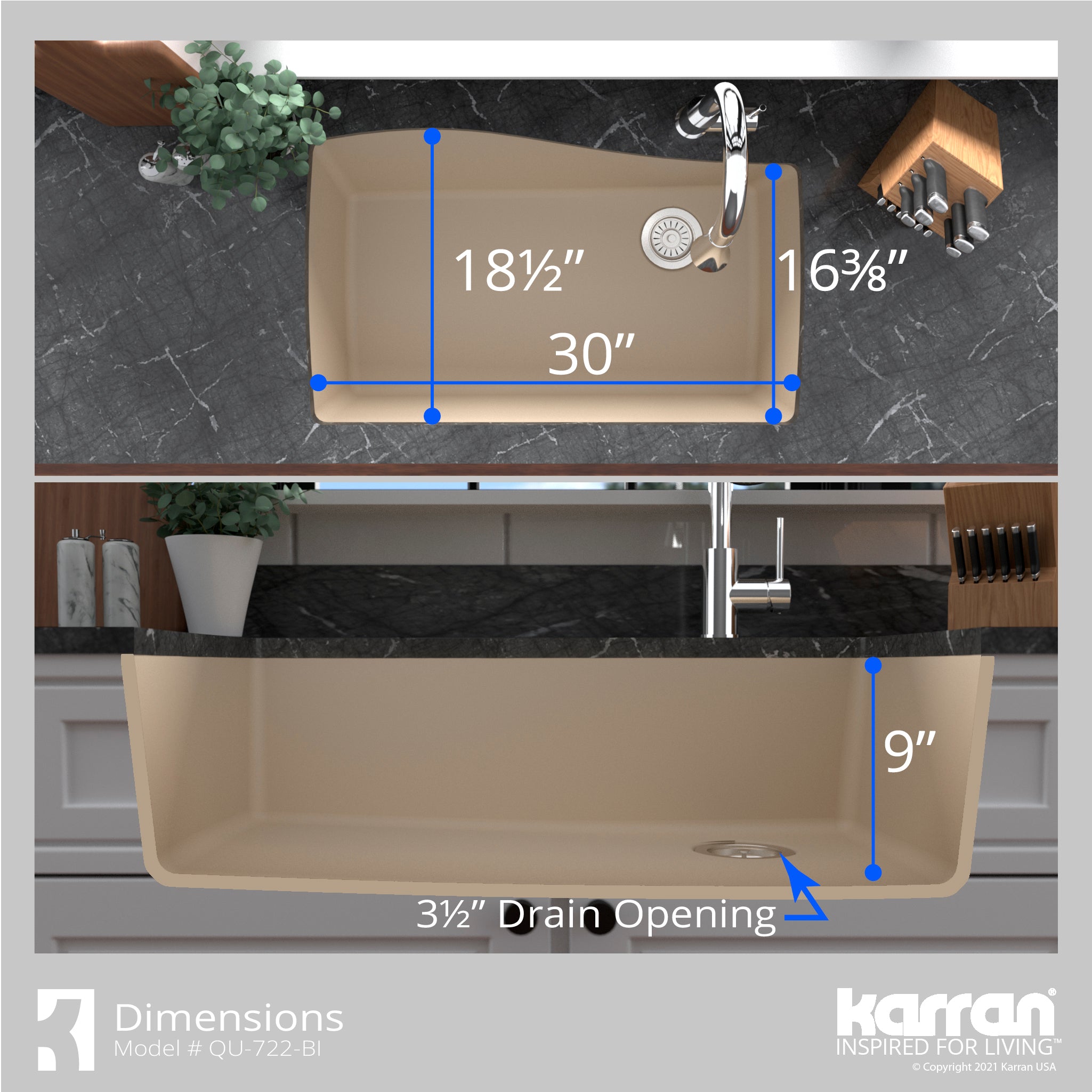 Karran 34" Undermount Quartz Composite Kitchen Sink with Accessories, Bisque, QU-722-BI-PK1