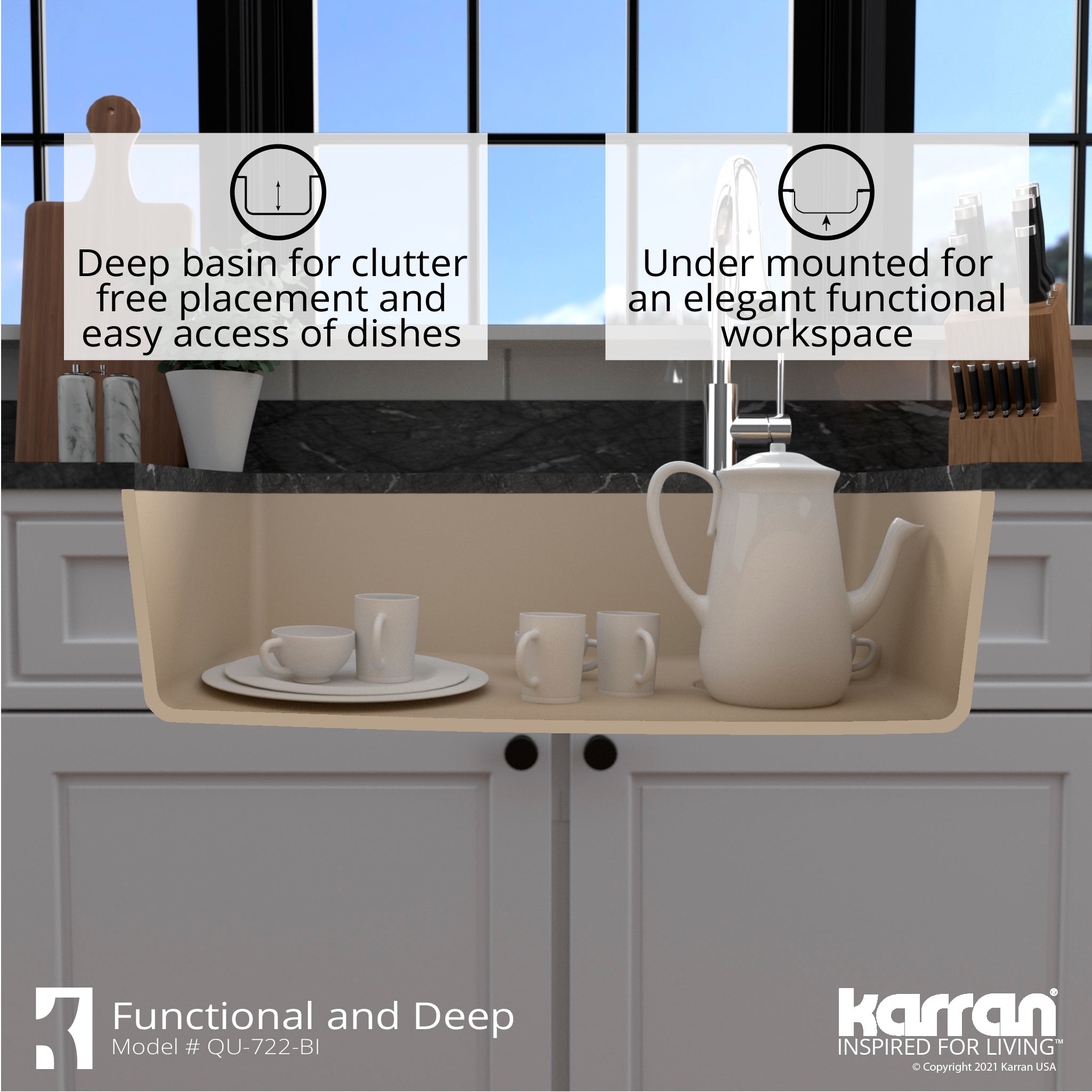 Karran 34" Undermount Quartz Composite Kitchen Sink with Accessories, Bisque, QU-722-BI-PK1