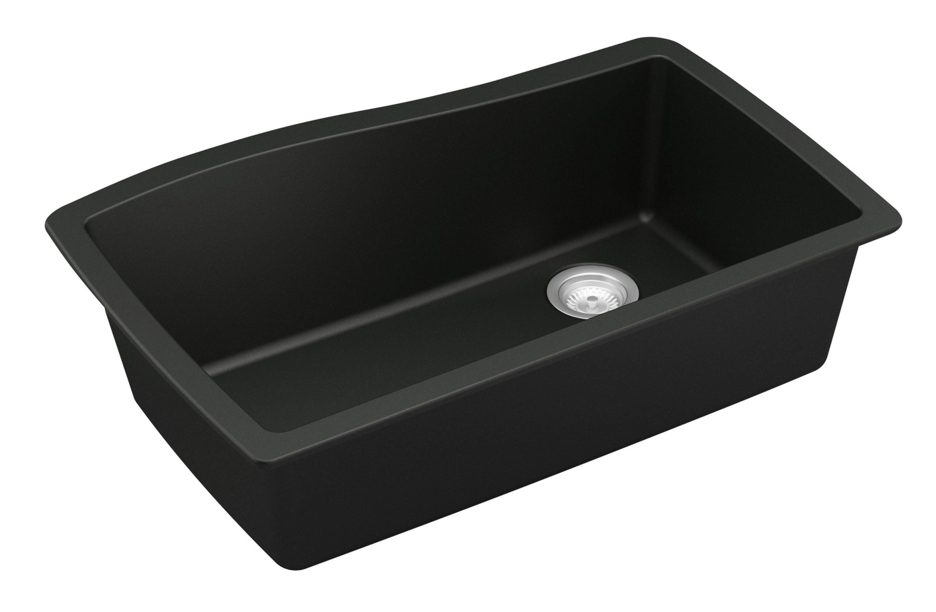 Karran 34" Undermount Quartz Composite Kitchen Sink with Accessories, Black, QU-722-BL-PK1