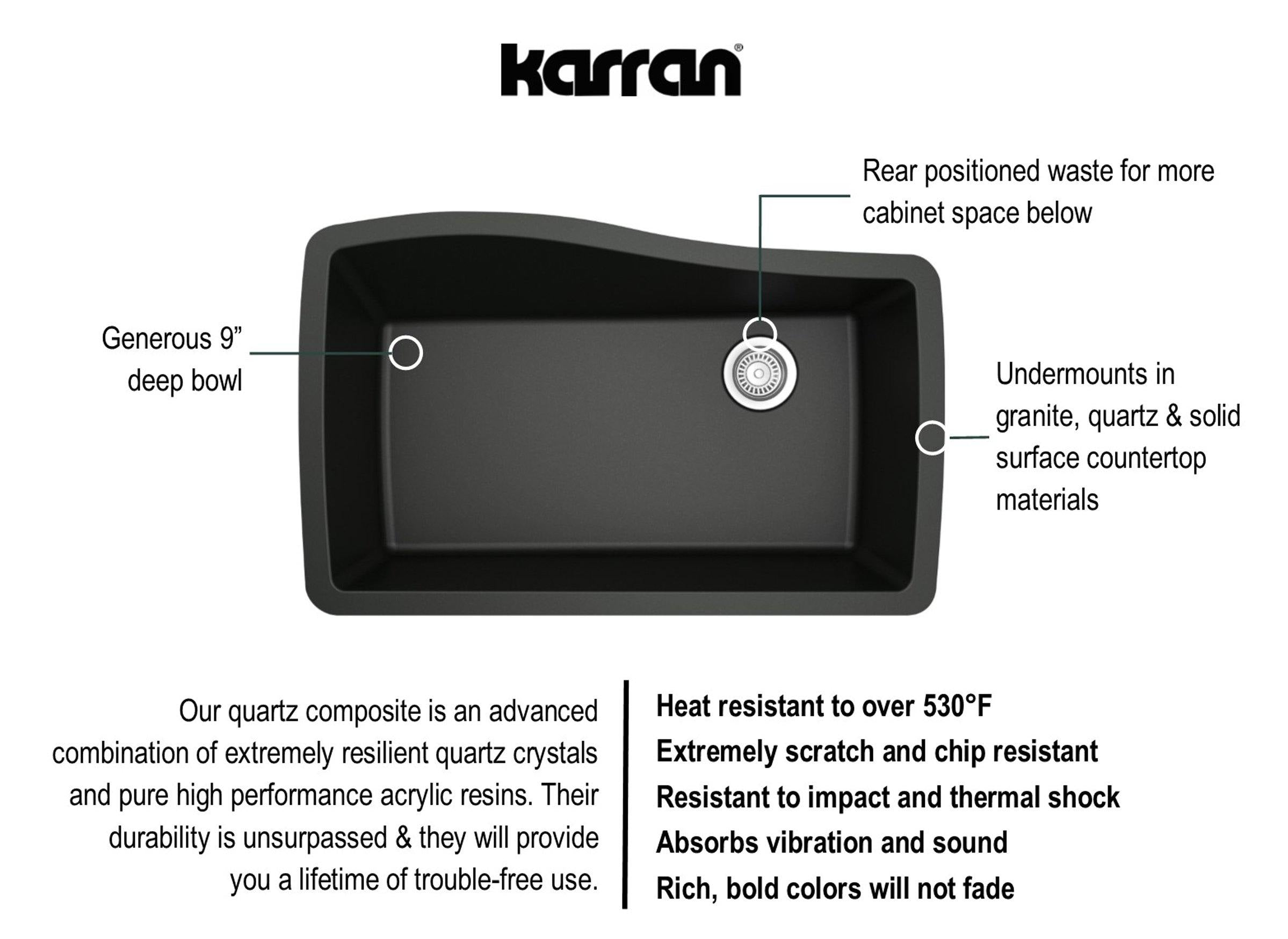 Karran 34" Undermount Quartz Composite Kitchen Sink, Black, QU-722-BL