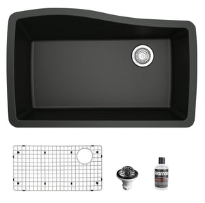 Alternate Image for Karran 34" Undermount Quartz Composite Kitchen Sink with Accessories, Black, QU-722-BL-PK1