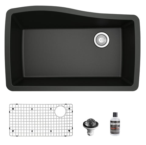 Karran 34" Undermount Quartz Composite Kitchen Sink with Accessories, Black, QU-722-BL-PK1
