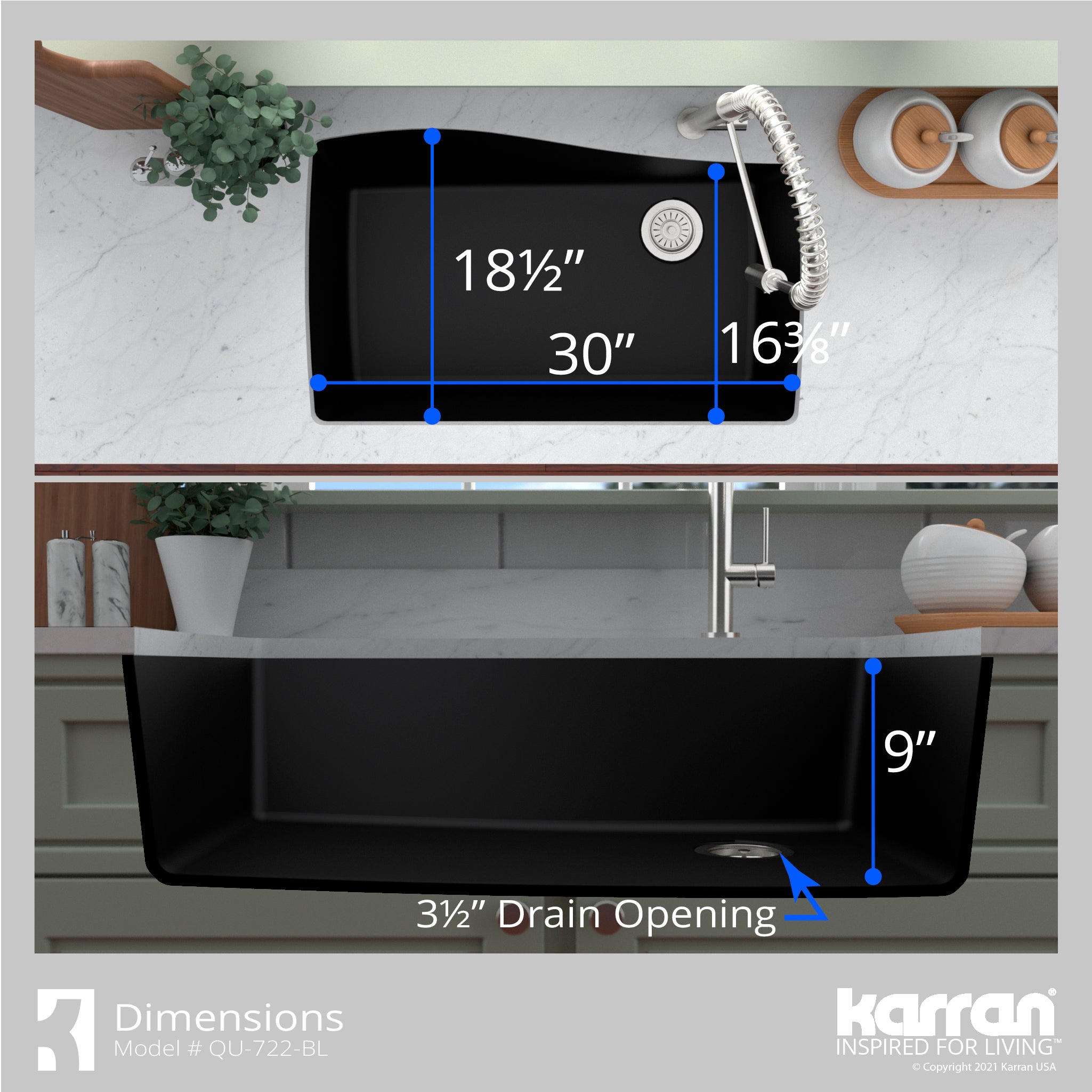 Karran 34" Undermount Quartz Composite Kitchen Sink with Accessories, Black, QU-722-BL-PK1