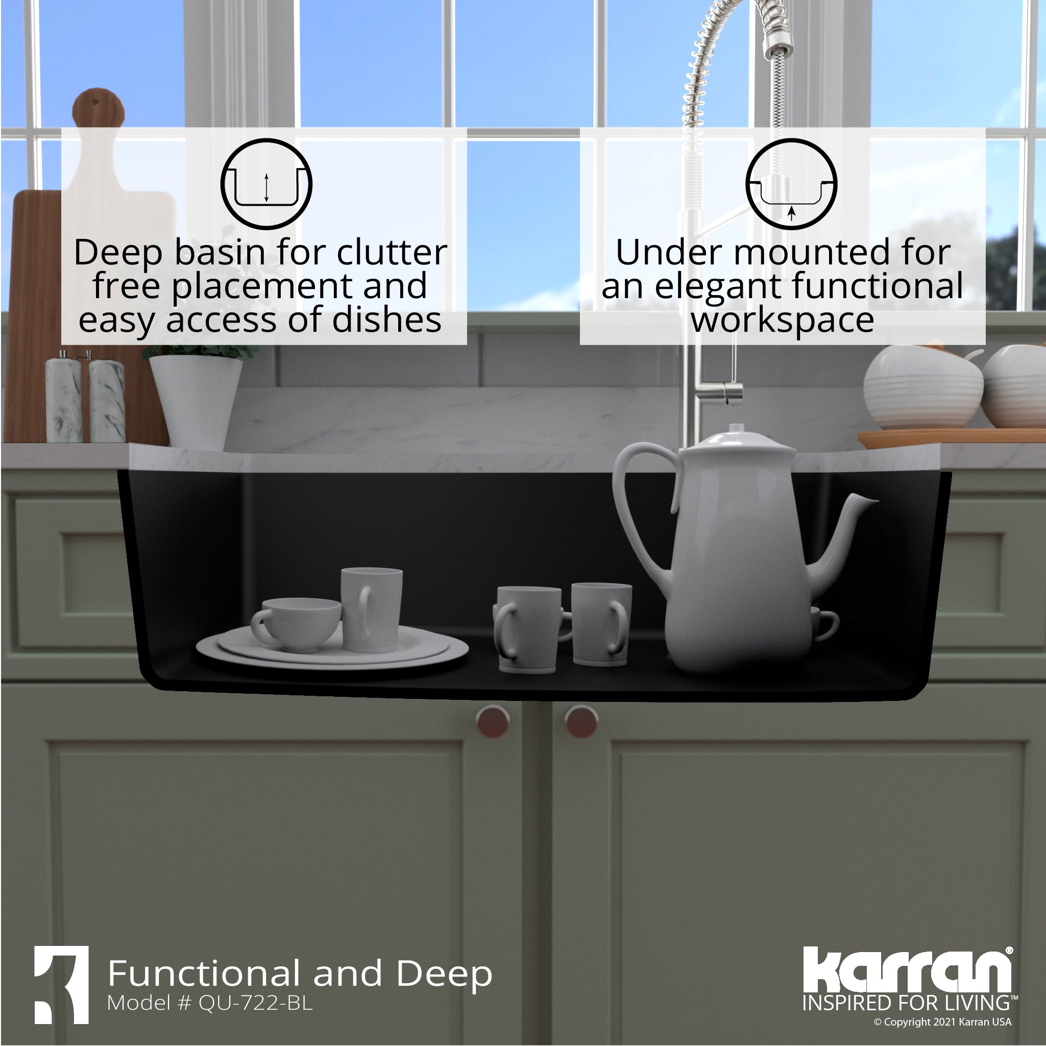 Karran 34" Undermount Quartz Composite Kitchen Sink with Accessories, Black, QU-722-BL-PK1