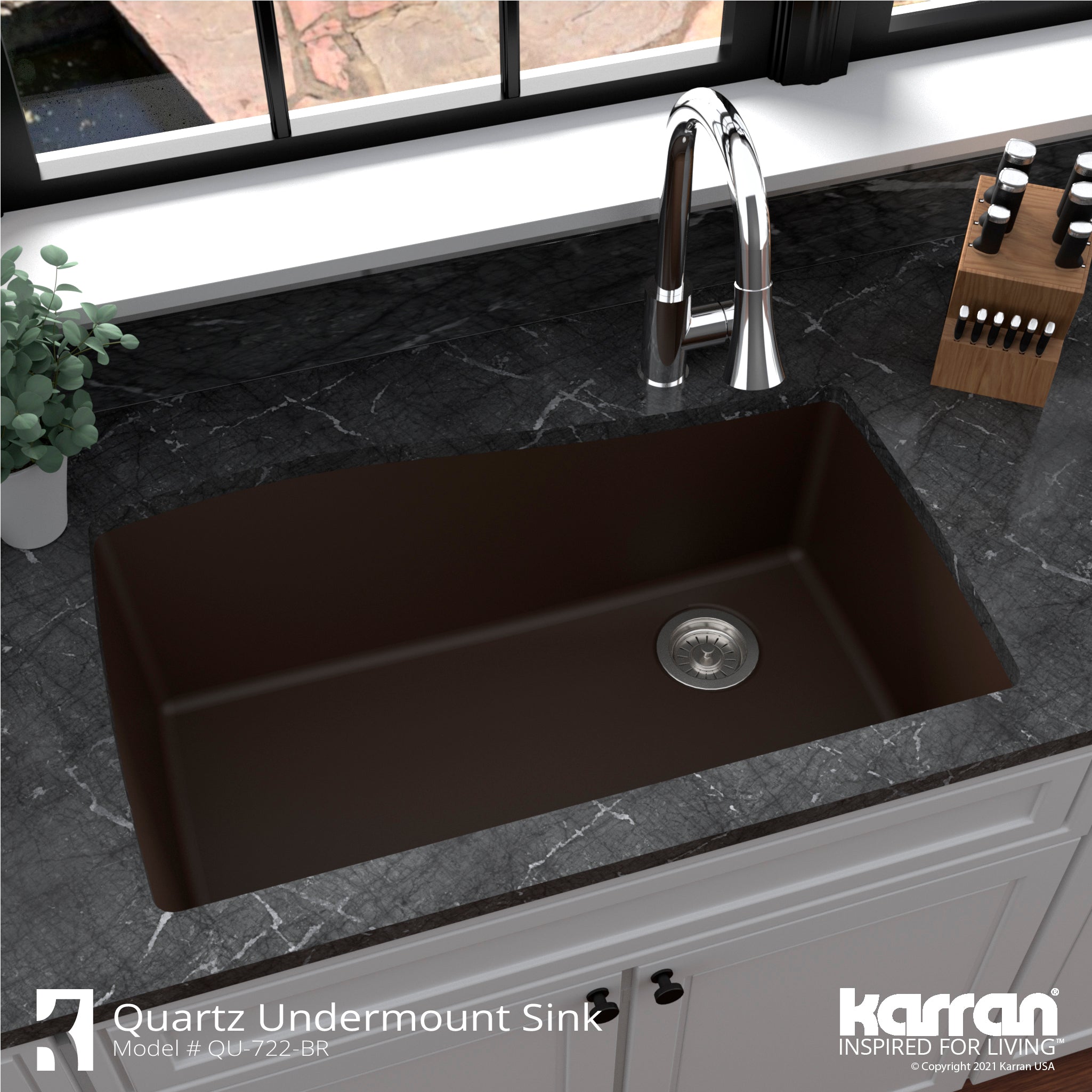Karran 34" Undermount Quartz Composite Kitchen Sink with Accessories, Brown, QU-722-BR-PK1