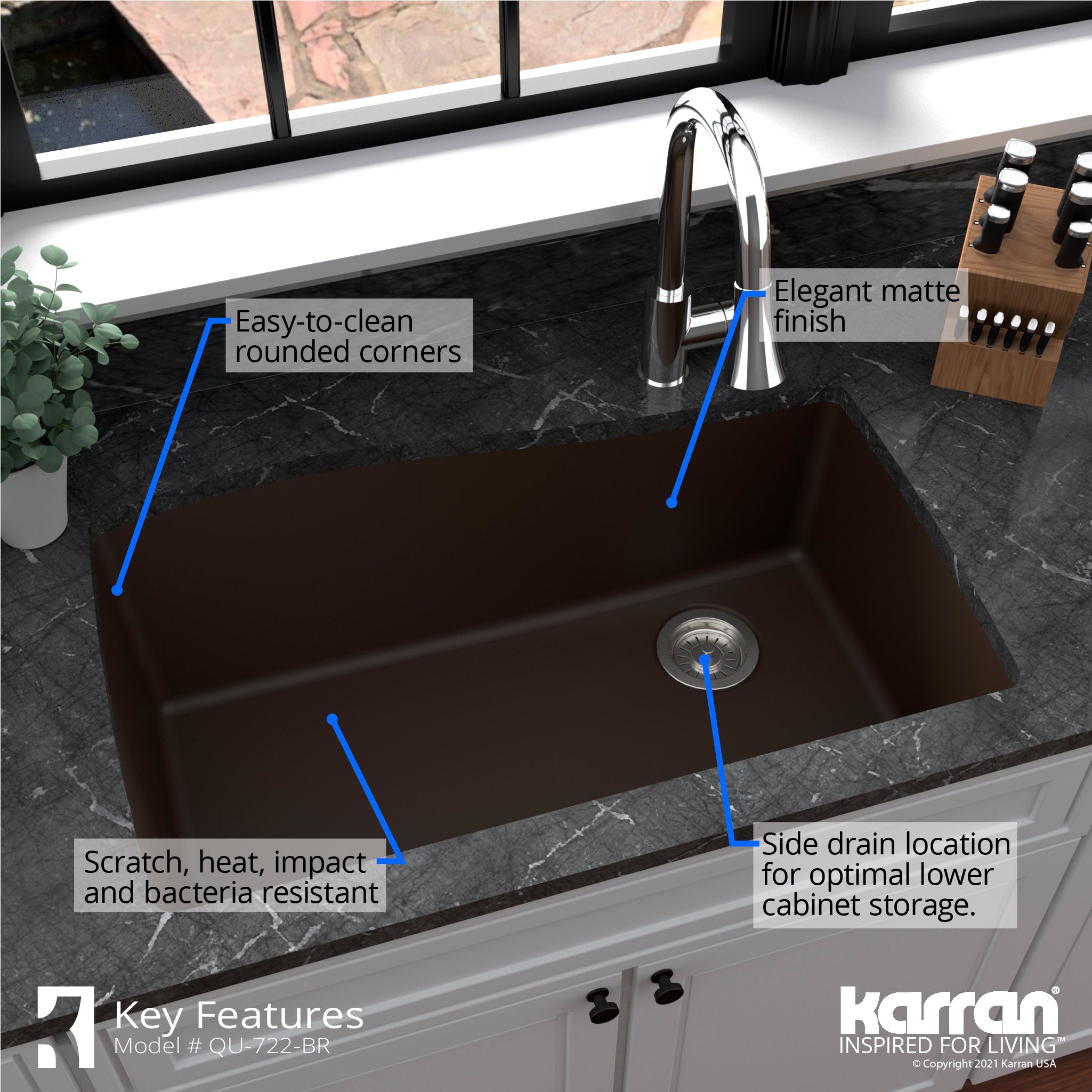 Karran Black Quartz Composite 34 in. Single Bowl Drop-In Kitchen Sink with Accessories