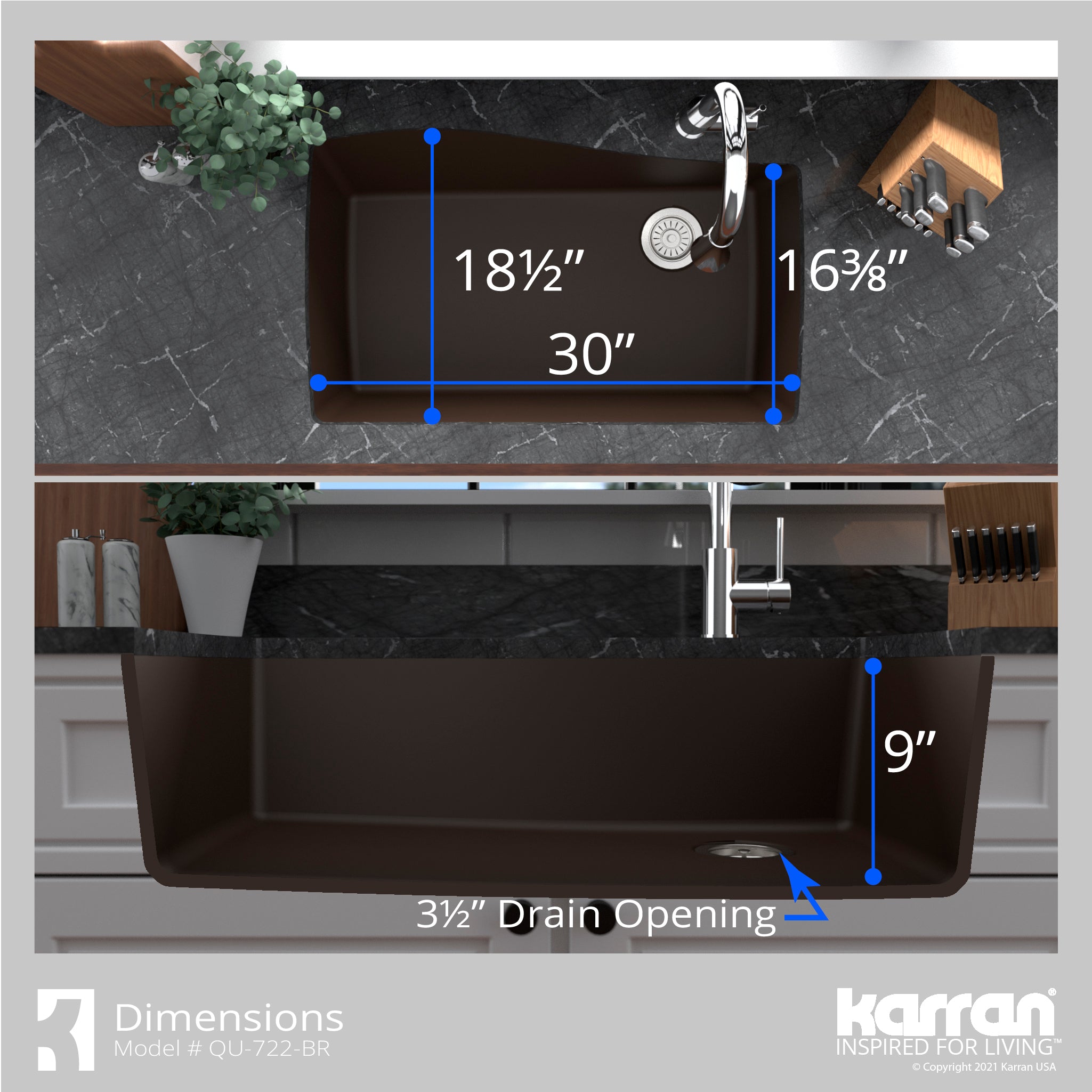 Karran 34" Undermount Quartz Composite Kitchen Sink with Accessories, Brown, QU-722-BR-PK1