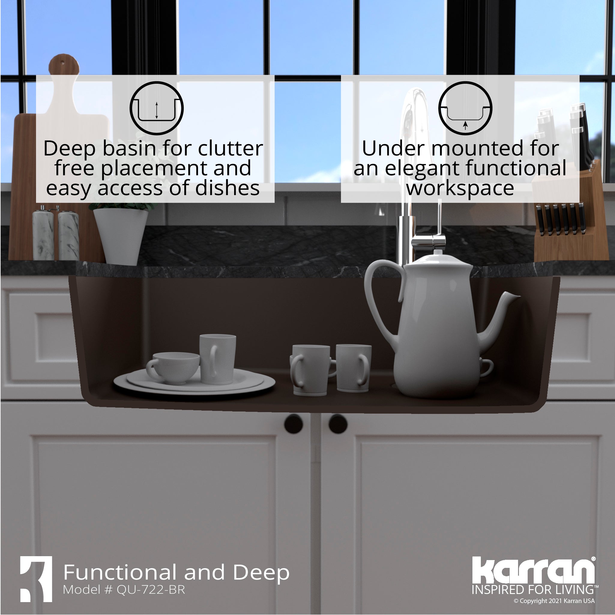 Karran 34" Undermount Quartz Composite Kitchen Sink with Accessories, Brown, QU-722-BR-PK1
