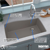 Karran 34" Undermount Quartz Composite Kitchen Sink with Accessories, Concrete, QU-722-CN-PK1