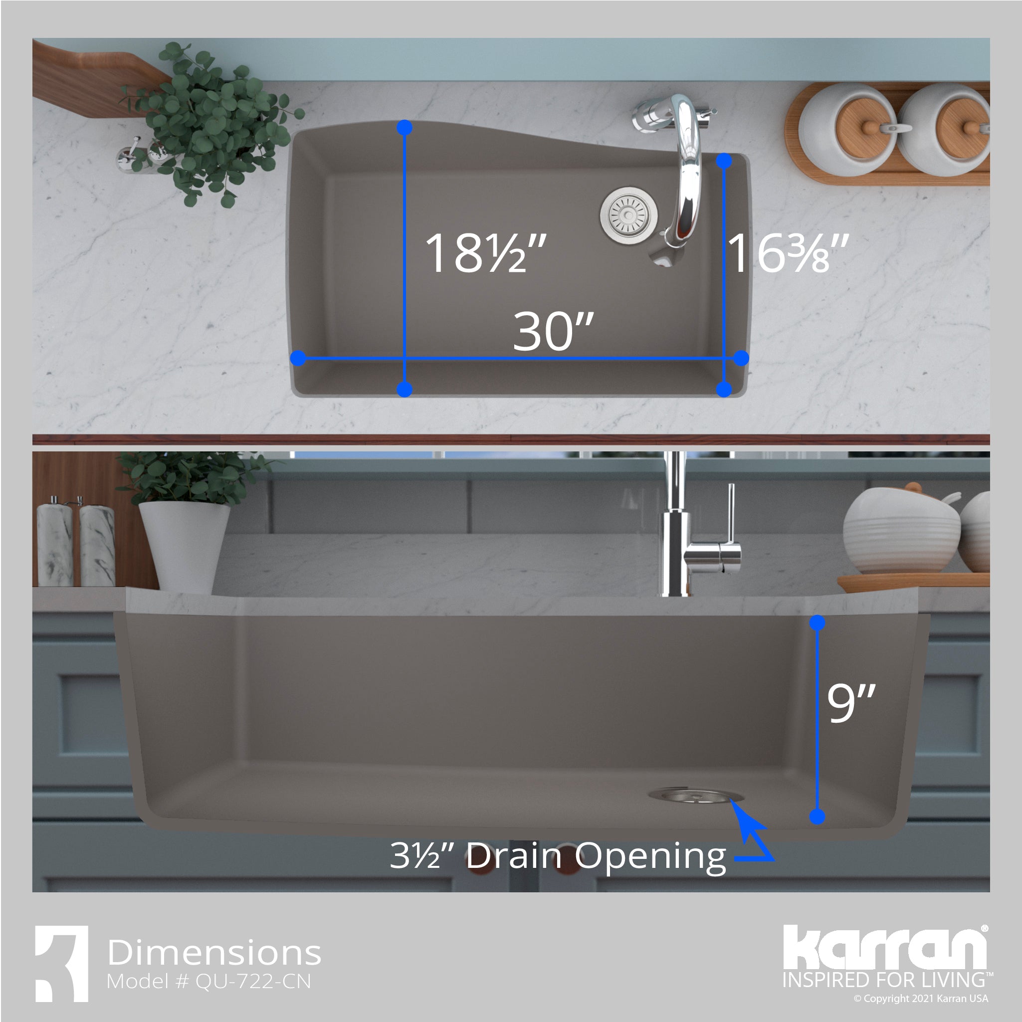 Karran 34" Undermount Quartz Composite Kitchen Sink with Accessories, Concrete, QU-722-CN-PK1