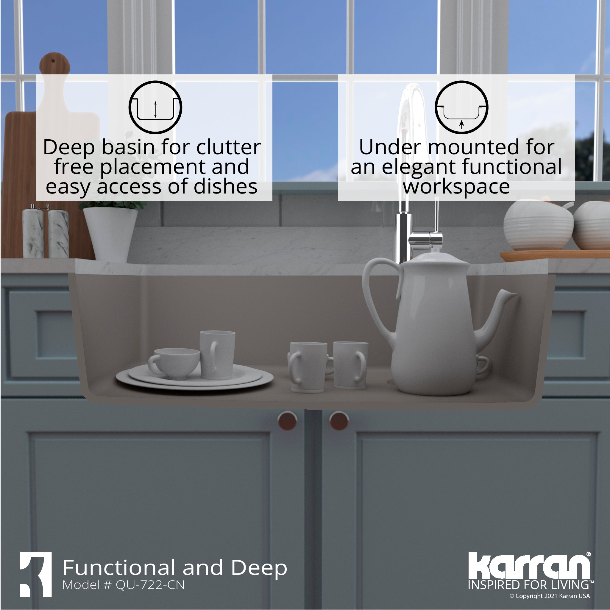 Karran 34" Undermount Quartz Composite Kitchen Sink with Accessories, Concrete, QU-722-CN-PK1