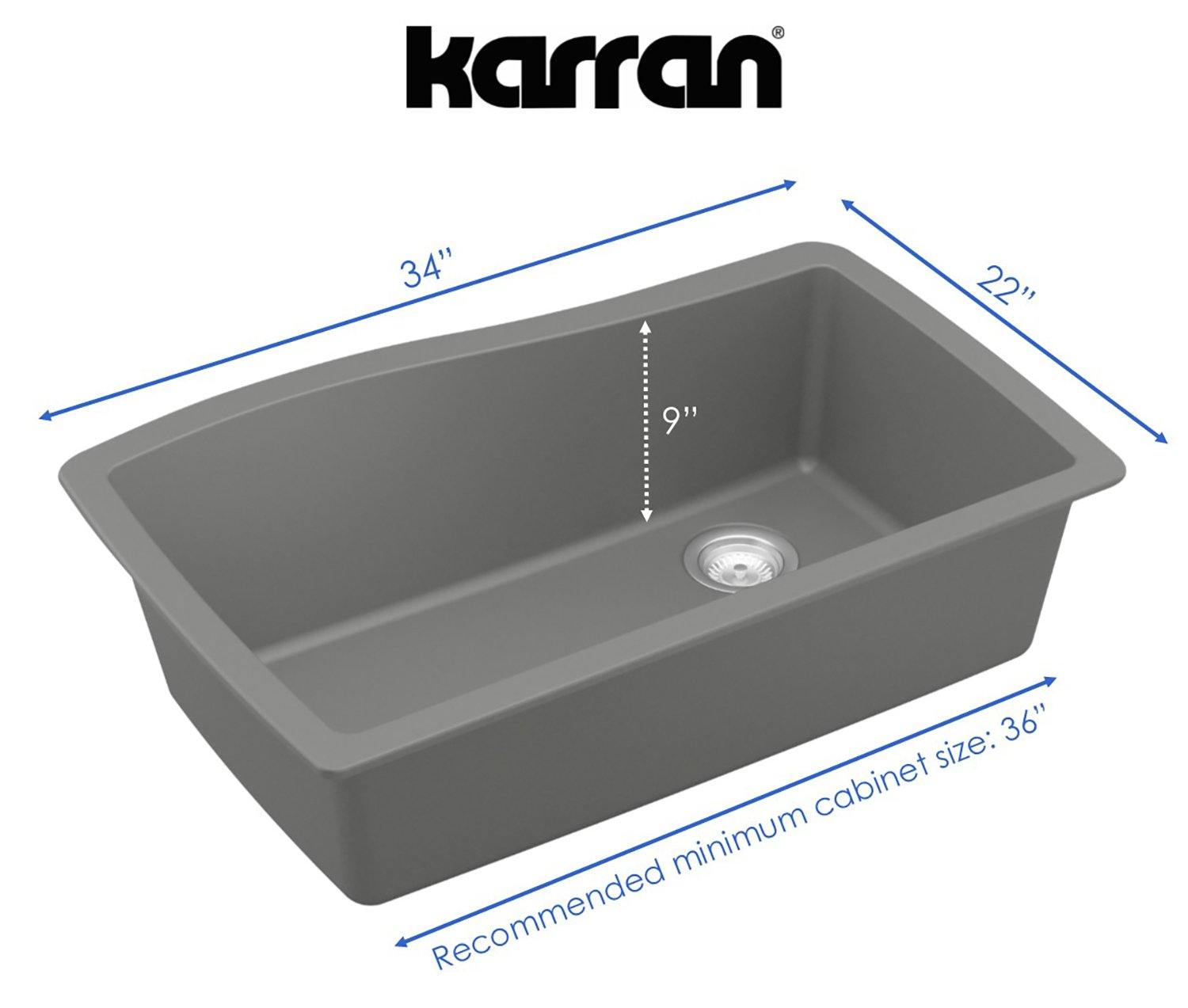 Karran 34" Undermount Quartz Composite Kitchen Sink, Grey, QU-722-GR