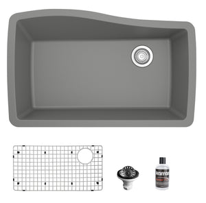 Alternate Image for Karran 34" Undermount Quartz Composite Kitchen Sink with Accessories, Grey, QU-722-GR-PK1