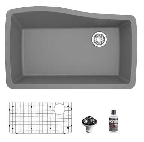 Karran 34" Undermount Quartz Composite Kitchen Sink with Accessories, Grey, QU-722-GR-PK1