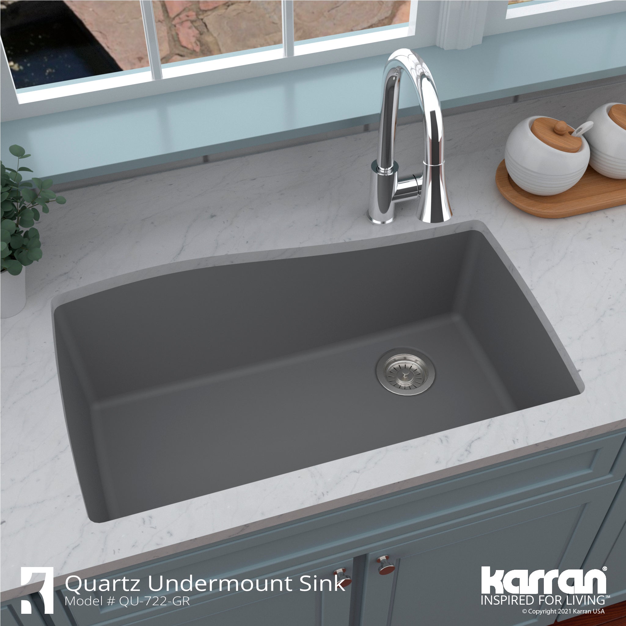 Karran 34" Undermount Quartz Composite Kitchen Sink with Accessories, Grey, QU-722-GR-PK1