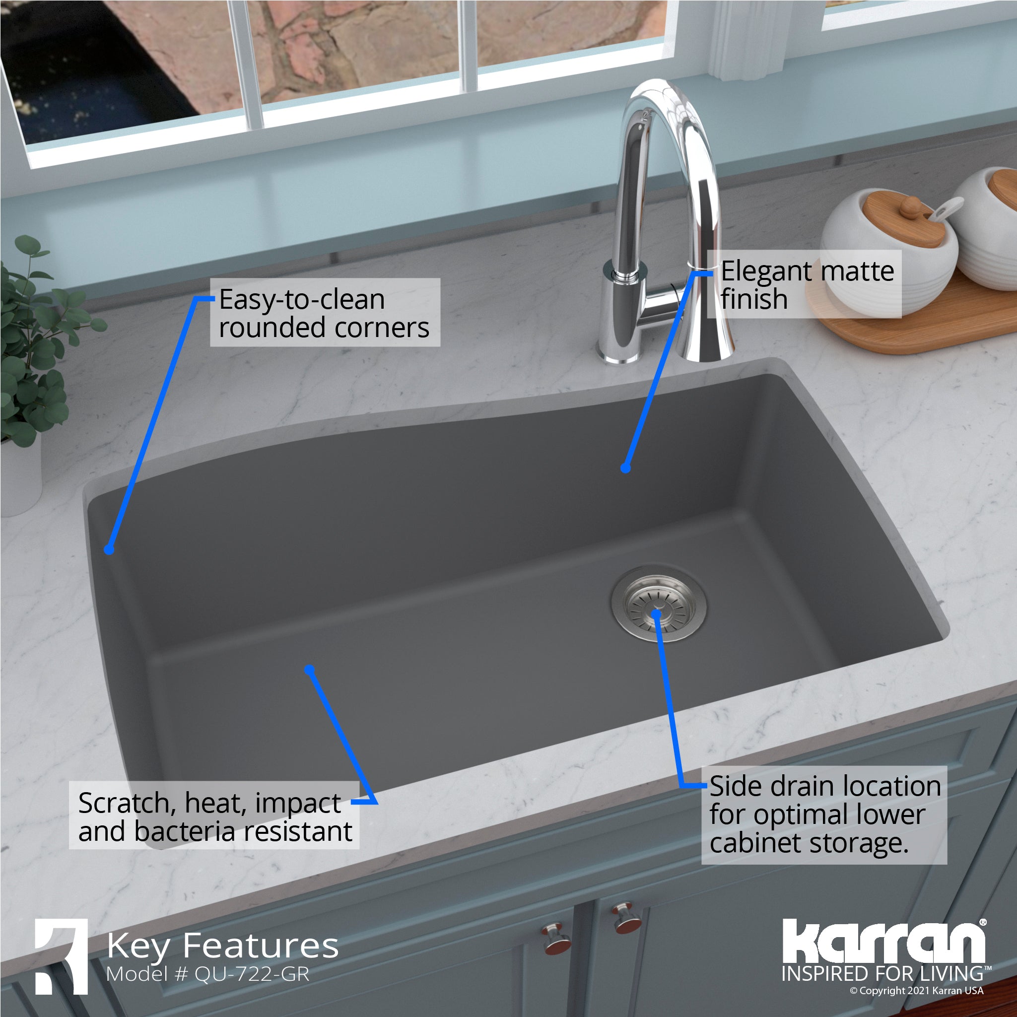 Karran 34" Undermount Quartz Composite Kitchen Sink with Accessories, Grey, QU-722-GR-PK1