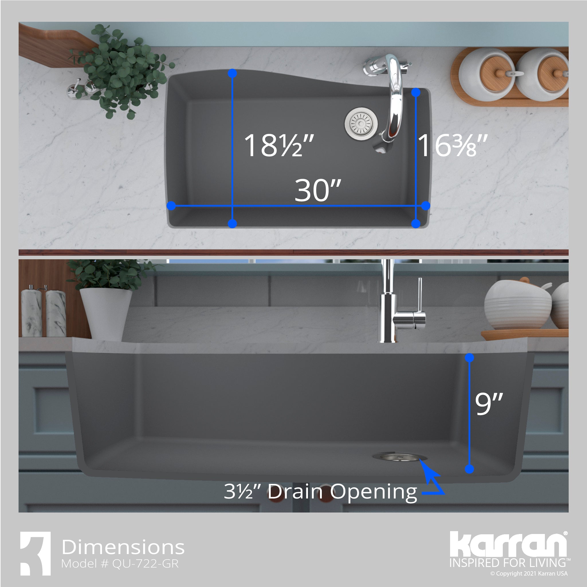 Karran 34" Undermount Quartz Composite Kitchen Sink with Accessories, Grey, QU-722-GR-PK1