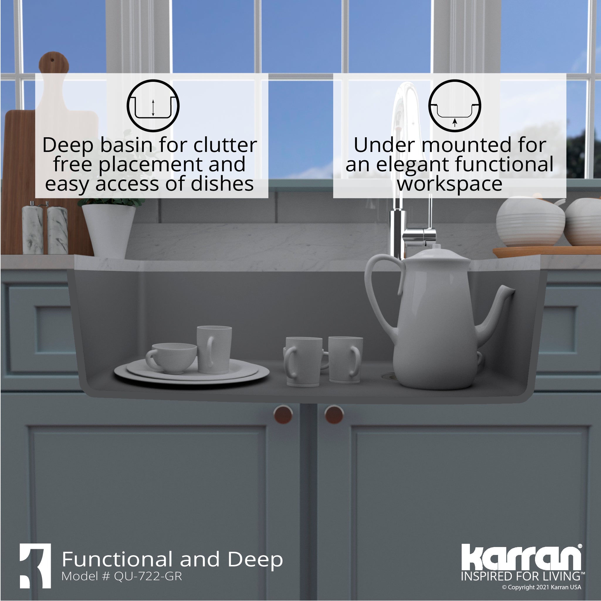 Karran 34" Undermount Quartz Composite Kitchen Sink with Accessories, Grey, QU-722-GR-PK1