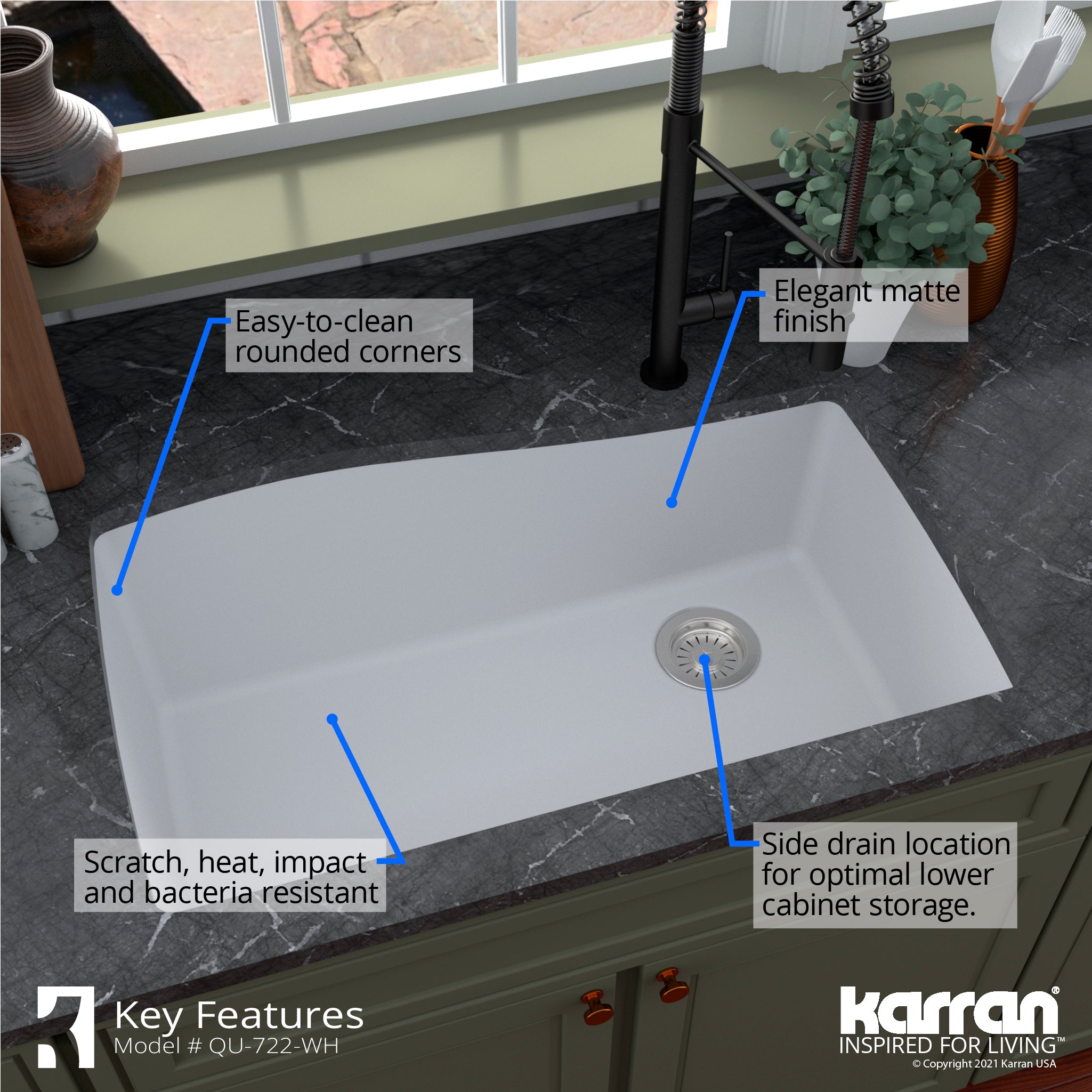Karran 34" Undermount Quartz Composite Kitchen Sink with Accessories, White, QU-722-WH-PK1