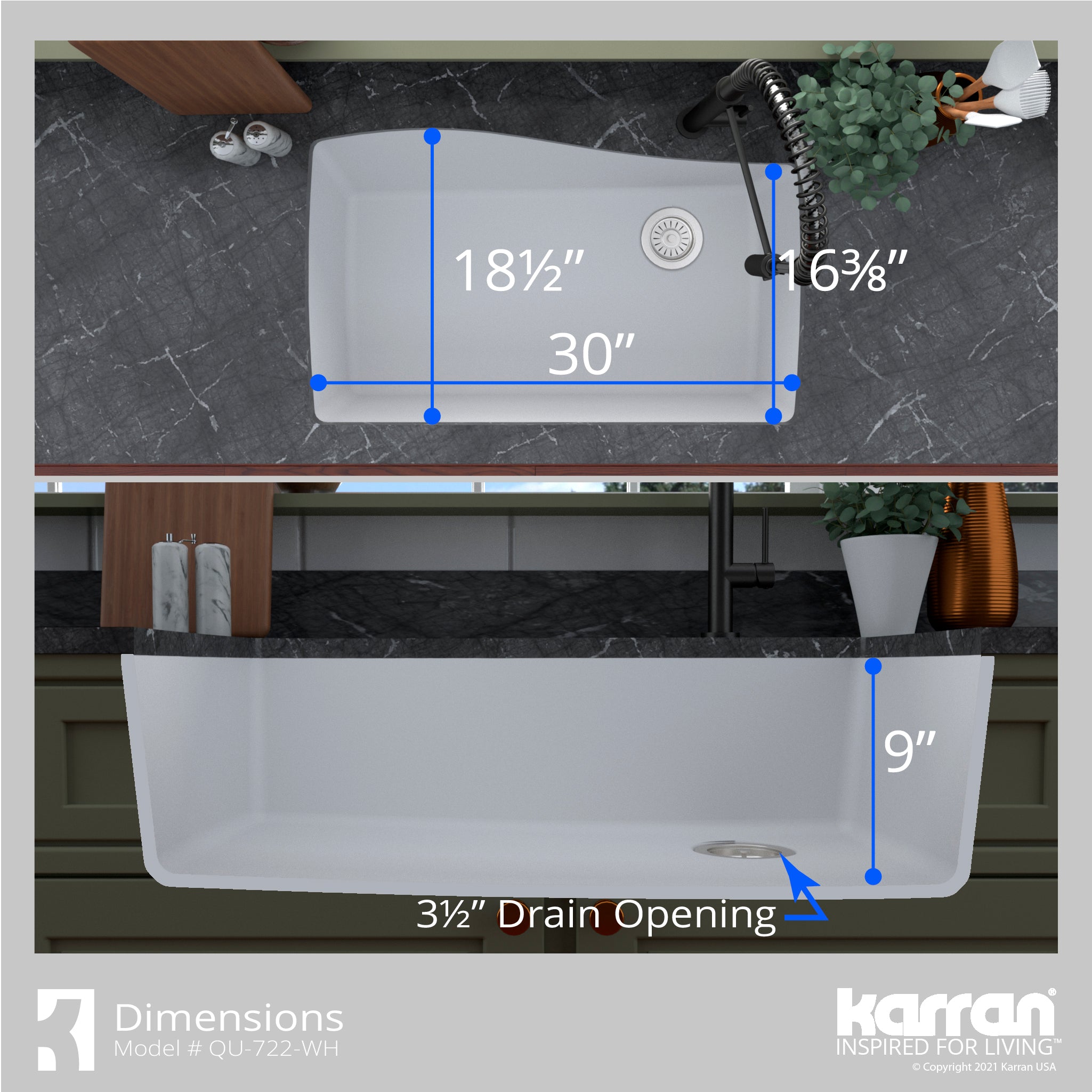 Karran 34" Undermount Quartz Composite Kitchen Sink with Accessories, White, QU-722-WH-PK1