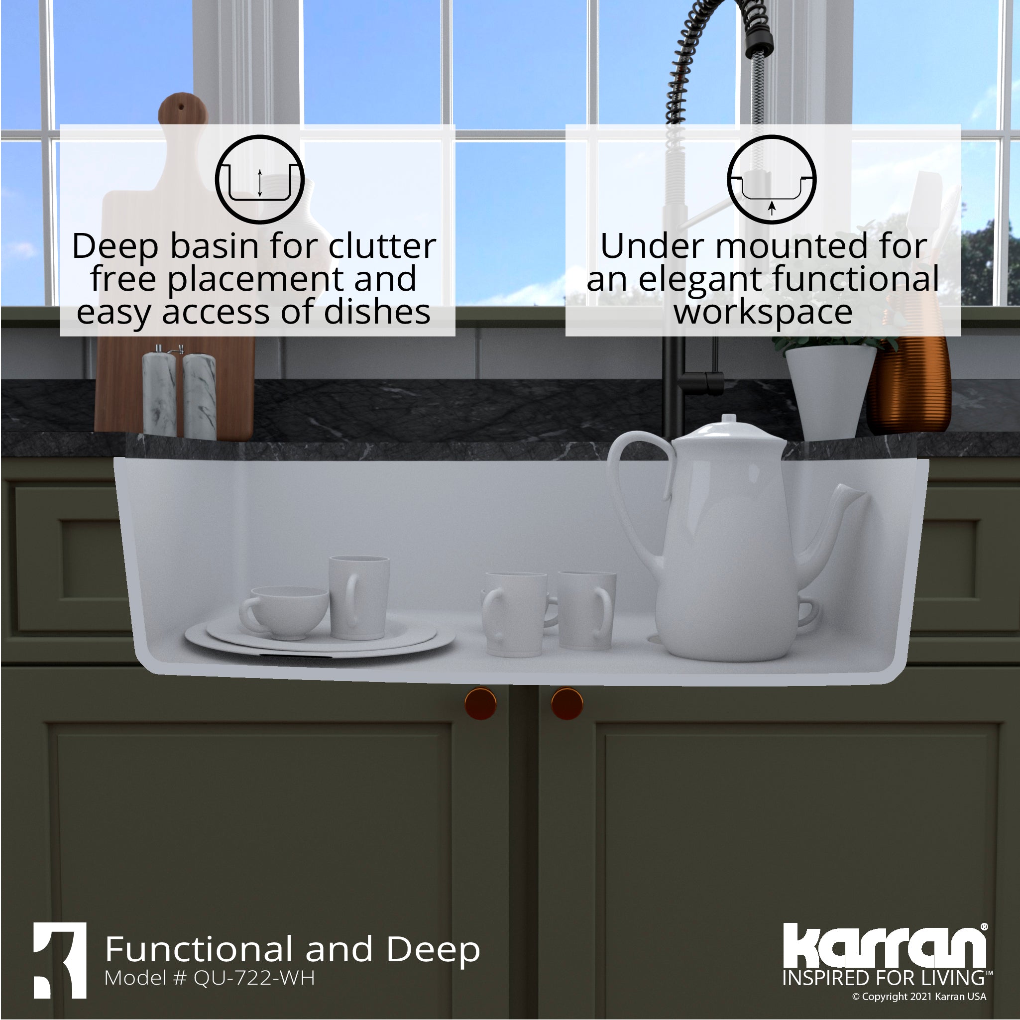 Karran 34" Undermount Quartz Composite Kitchen Sink with Accessories, White, QU-722-WH-PK1