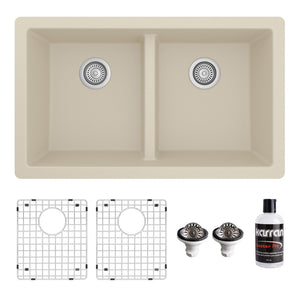 Alternate Image for Karran 32" Undermount Quartz Composite Kitchen Sink with Accessories, 50/50 Double Bowl, Bisque, QU-810-BI-PK1