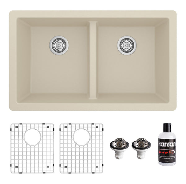 Karran 32" Undermount Quartz Composite Kitchen Sink with Accessories, 50/50 Double Bowl, Bisque, QU-810-BI-PK1