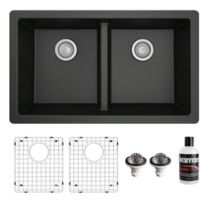 Alternate Image for Karran 32" Undermount Quartz Composite Kitchen Sink with Accessories, 50/50 Double Bowl, Black, QU-810-BL-PK1