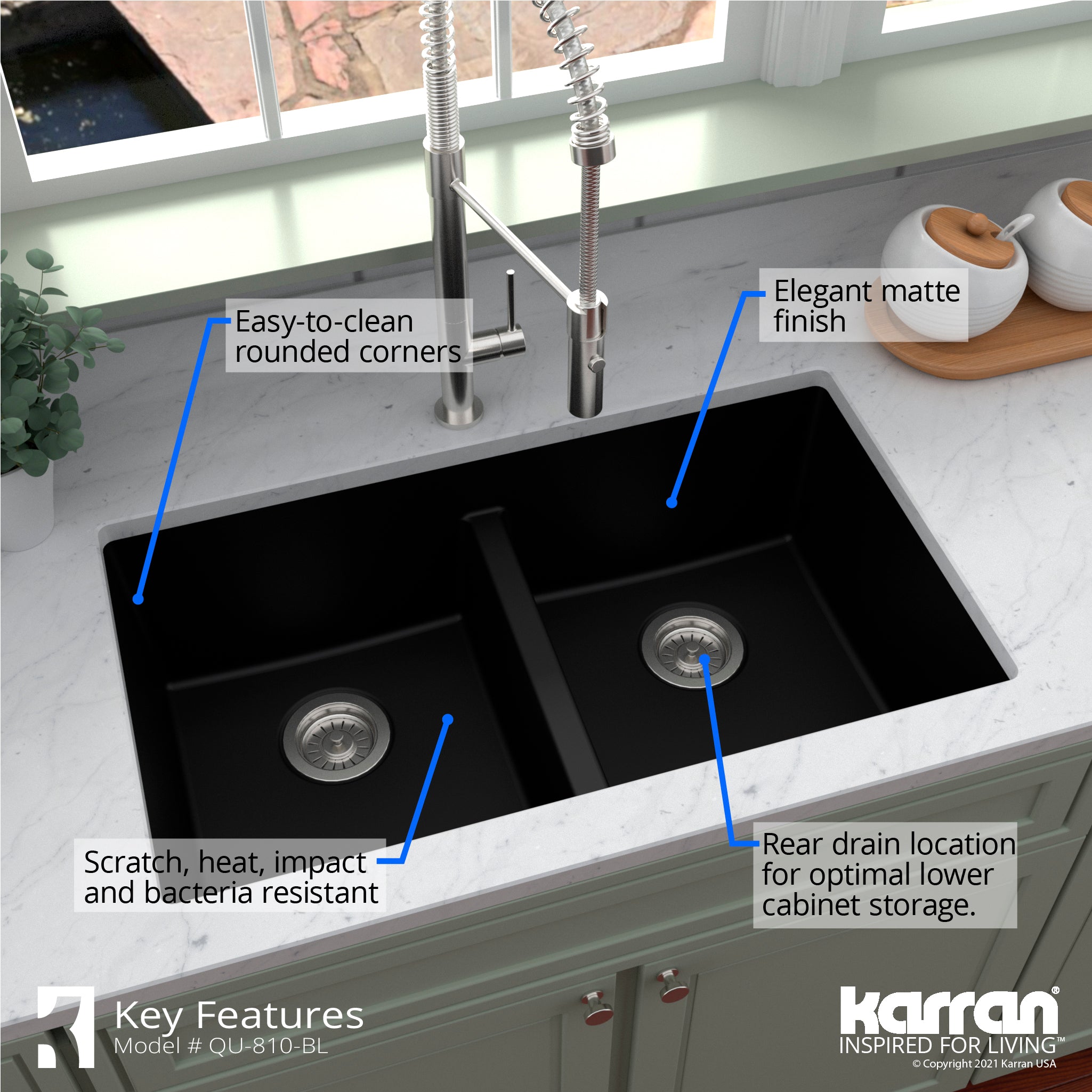 Karran 32" Undermount Quartz Composite Kitchen Sink with Accessories, 50/50 Double Bowl, Black, QU-810-BL-PK1