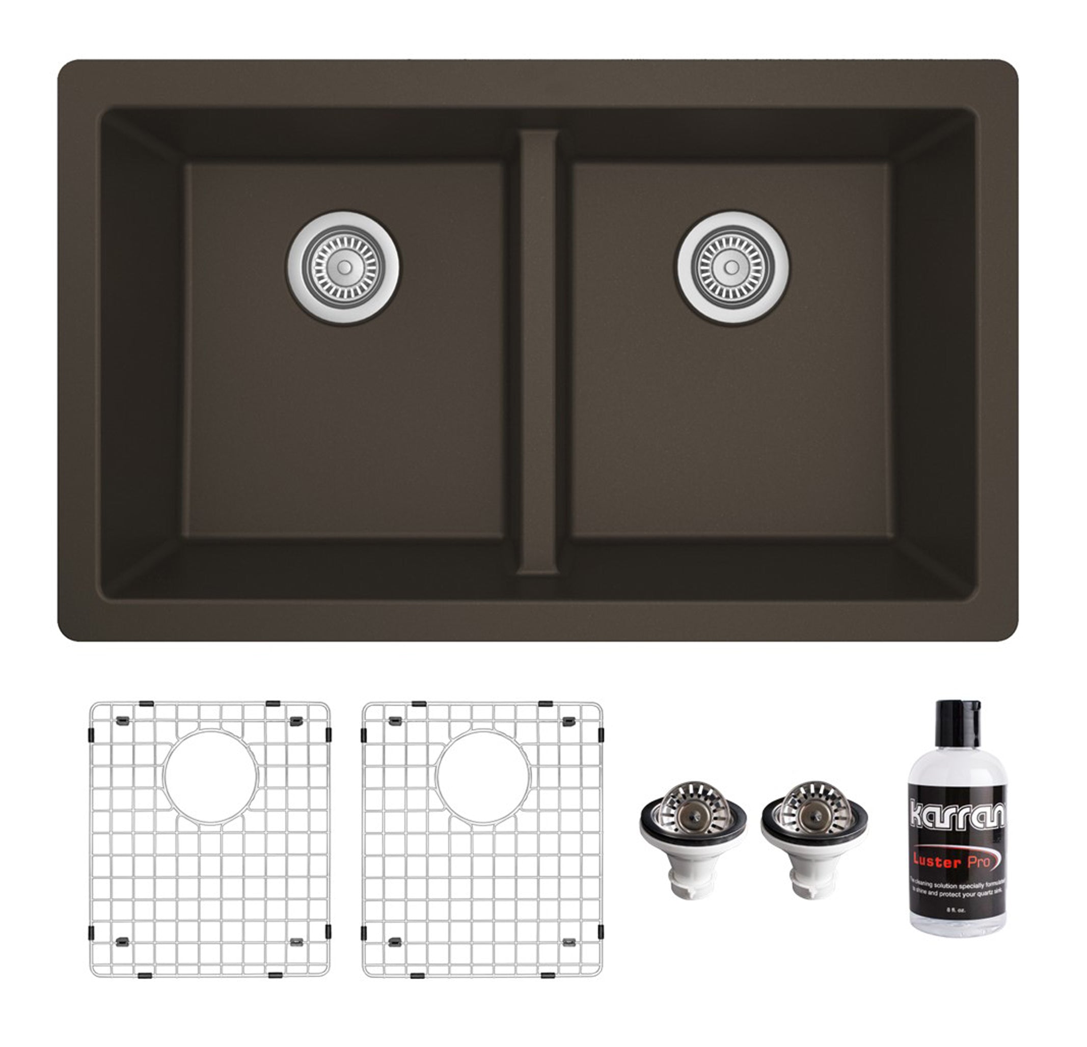 Karran 32" Undermount Quartz Composite Kitchen Sink with Accessories, 50/50 Double Bowl, Brown, QU-810-BR-PK1