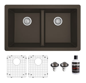 Alternate Image for Karran 32" Undermount Quartz Composite Kitchen Sink with Accessories, 50/50 Double Bowl, Brown, QU-810-BR-PK1