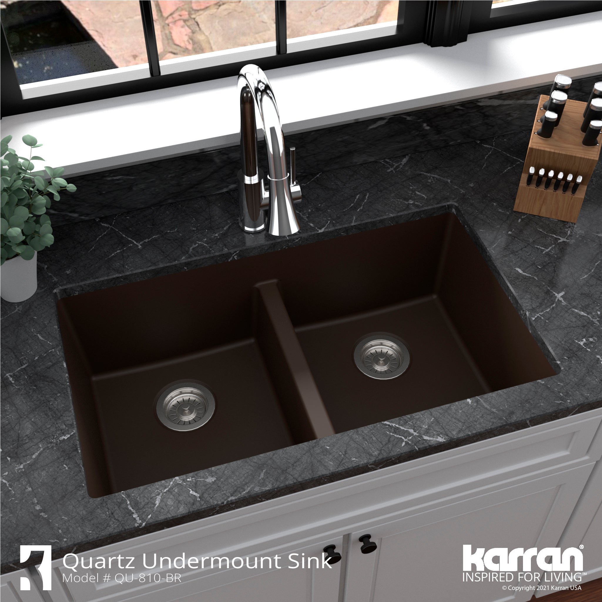 Karran 32" Undermount Quartz Composite Kitchen Sink with Accessories, 50/50 Double Bowl, Brown, QU-810-BR-PK1
