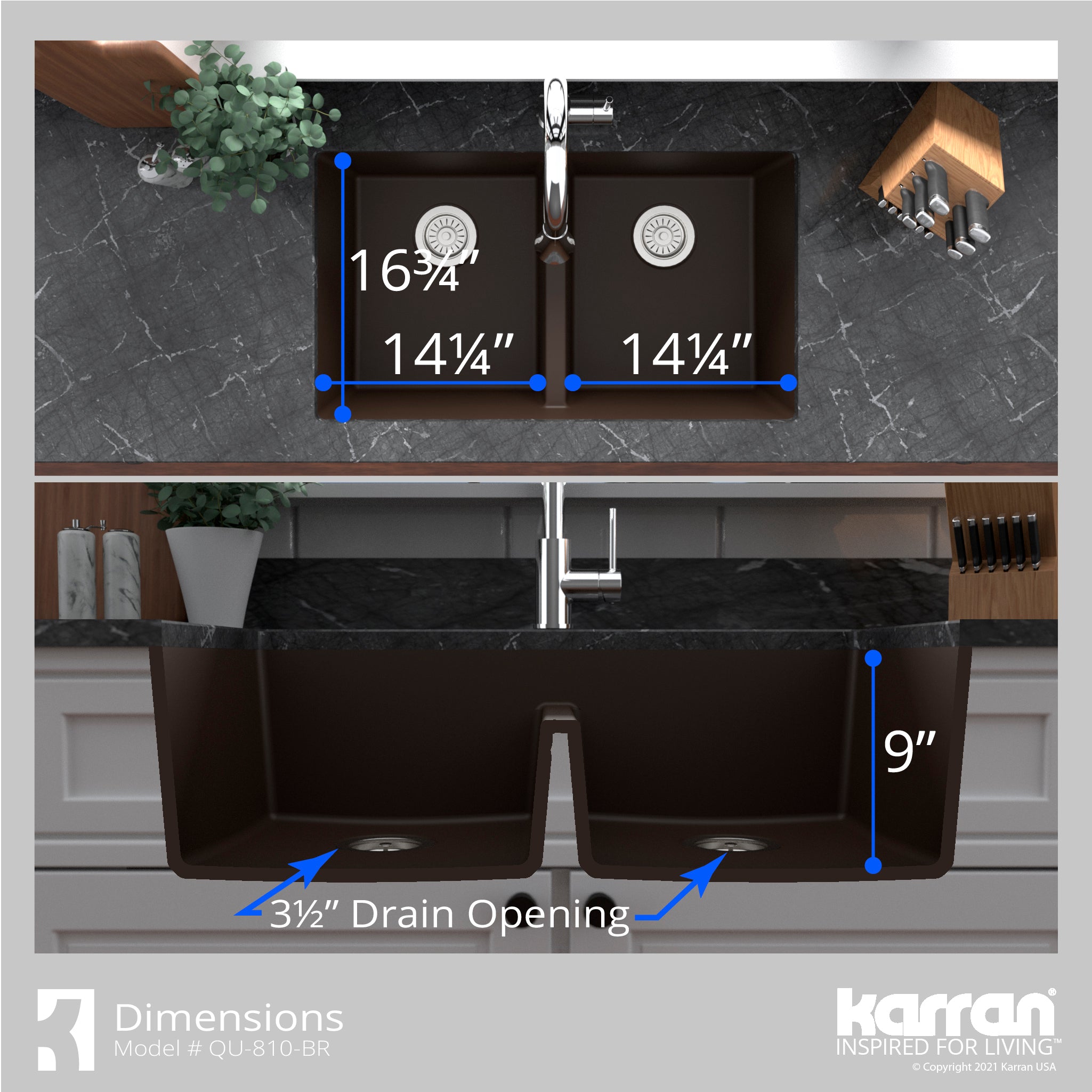 Karran 32" Undermount Quartz Composite Kitchen Sink with Accessories, 50/50 Double Bowl, Brown, QU-810-BR-PK1