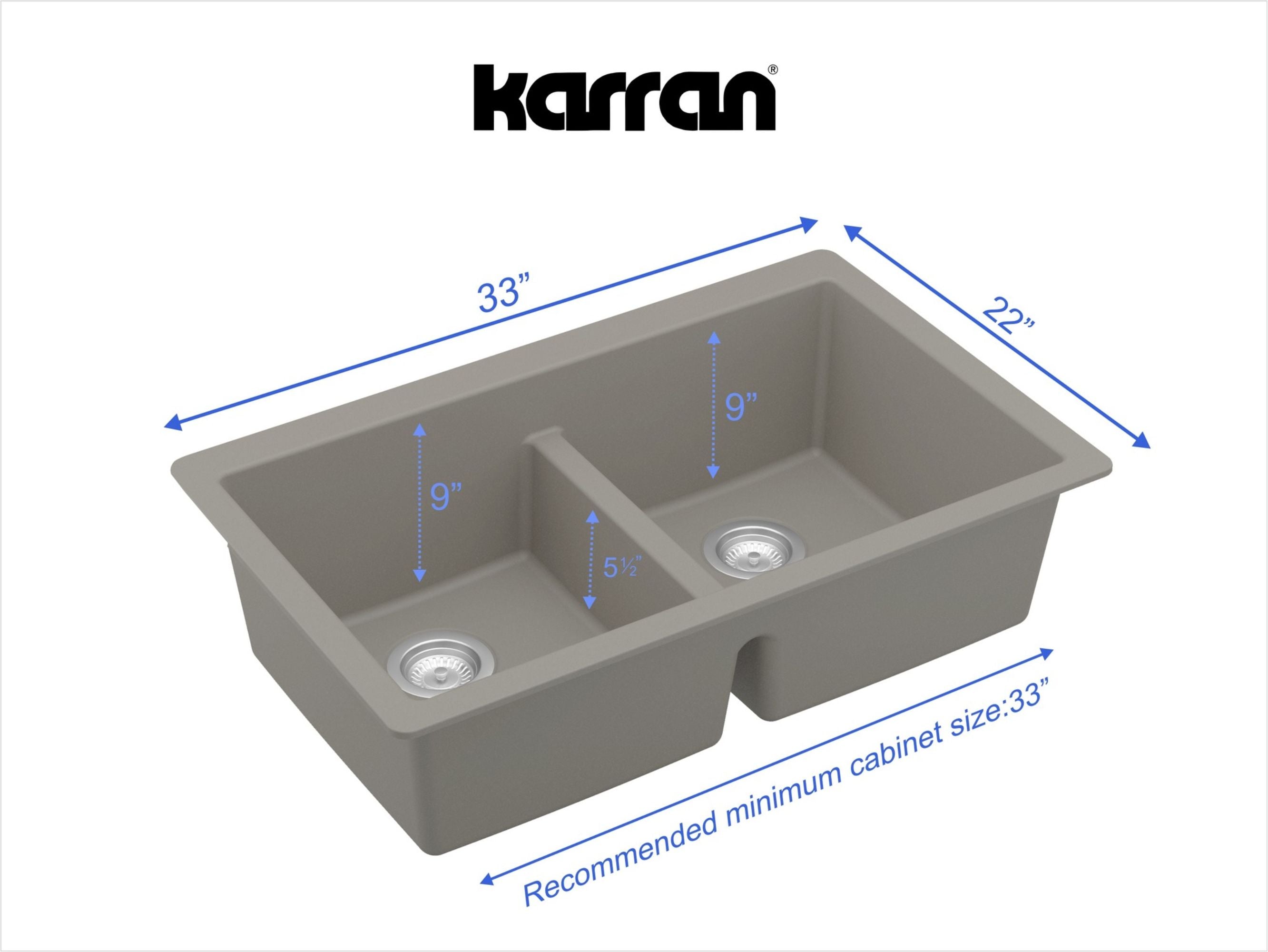 Karran 32" Undermount Quartz Composite Kitchen Sink, 50/50 Double Bowl, Concrete, QU-810-CN