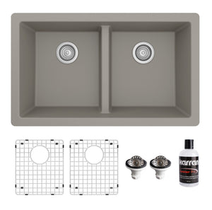 Alternate Image for Karran 32" Undermount Quartz Composite Kitchen Sink with Accessories, 50/50 Double Bowl, Concrete, QU-810-CN-PK1