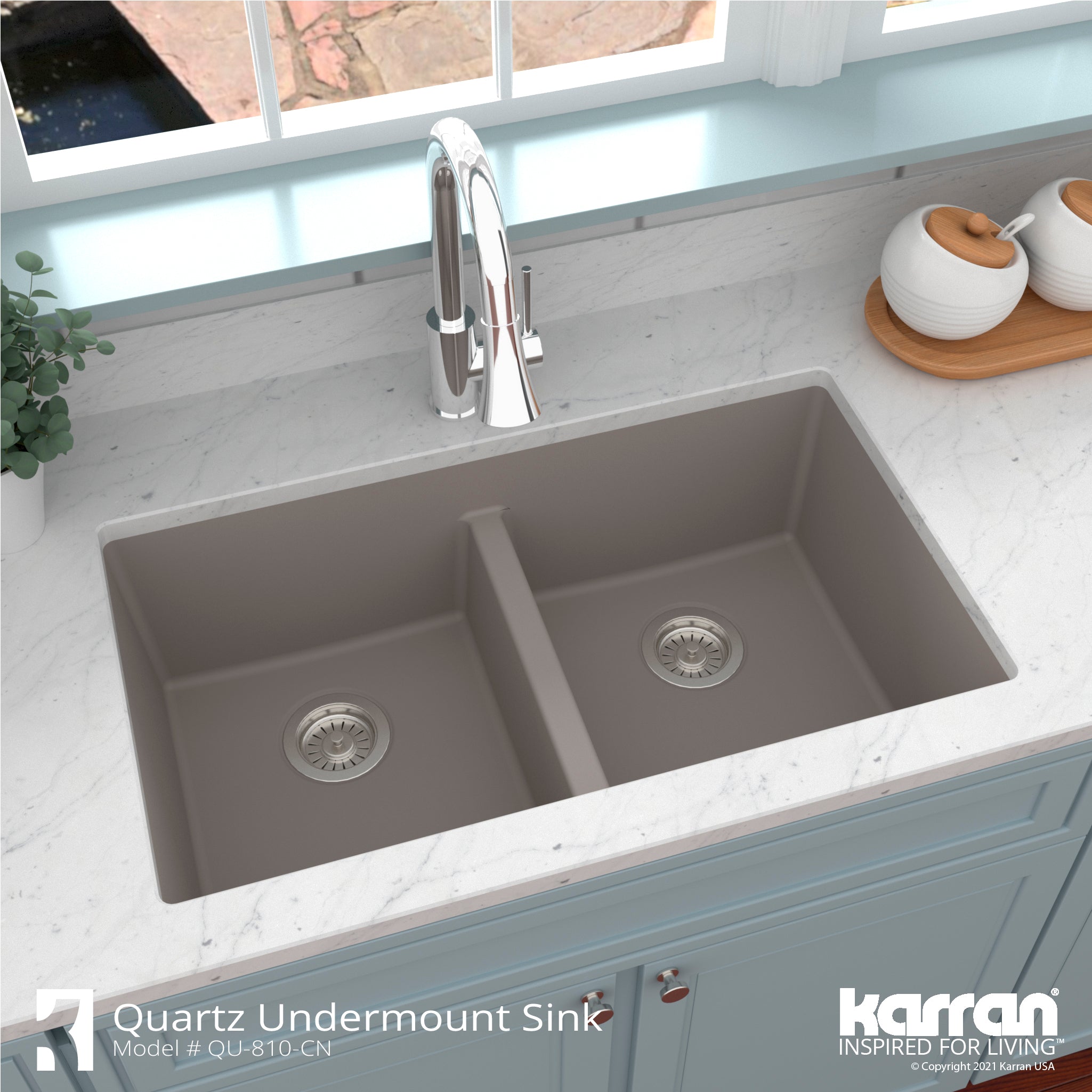 Karran 32" Undermount Quartz Composite Kitchen Sink with Accessories, 50/50 Double Bowl, Concrete, QU-810-CN-PK1