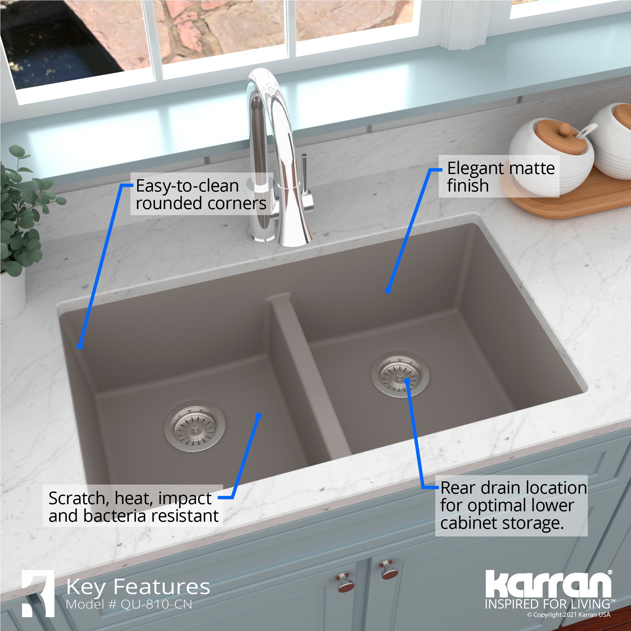 Karran 32" Undermount Quartz Composite Kitchen Sink with Accessories, 50/50 Double Bowl, Concrete, QU-810-CN-PK1