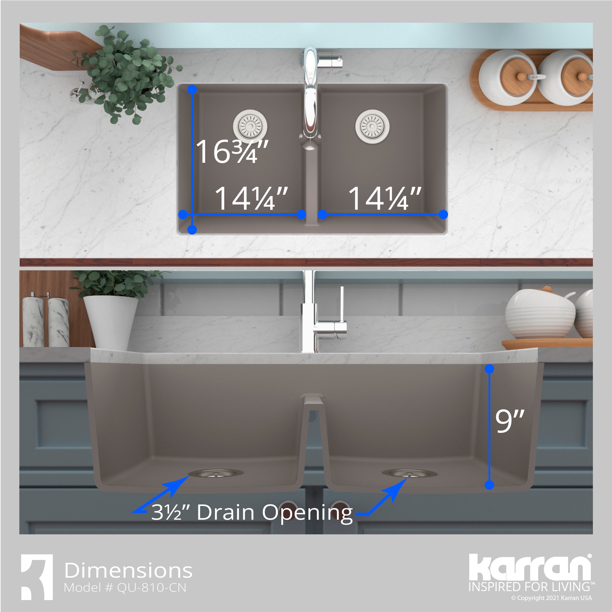 Karran 32" Undermount Quartz Composite Kitchen Sink with Accessories, 50/50 Double Bowl, Concrete, QU-810-CN-PK1
