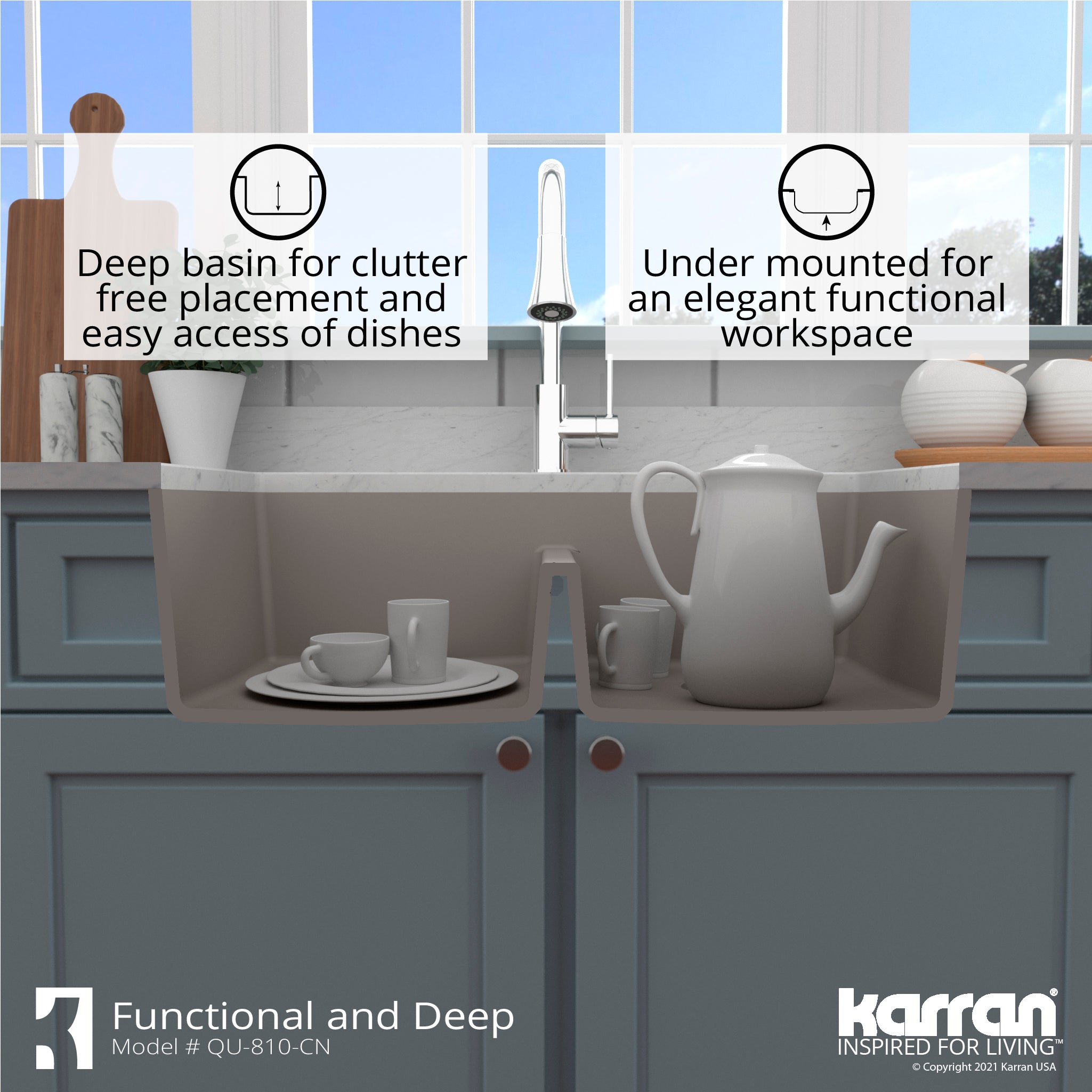 Karran 32" Undermount Quartz Composite Kitchen Sink with Accessories, 50/50 Double Bowl, Concrete, QU-810-CN-PK1