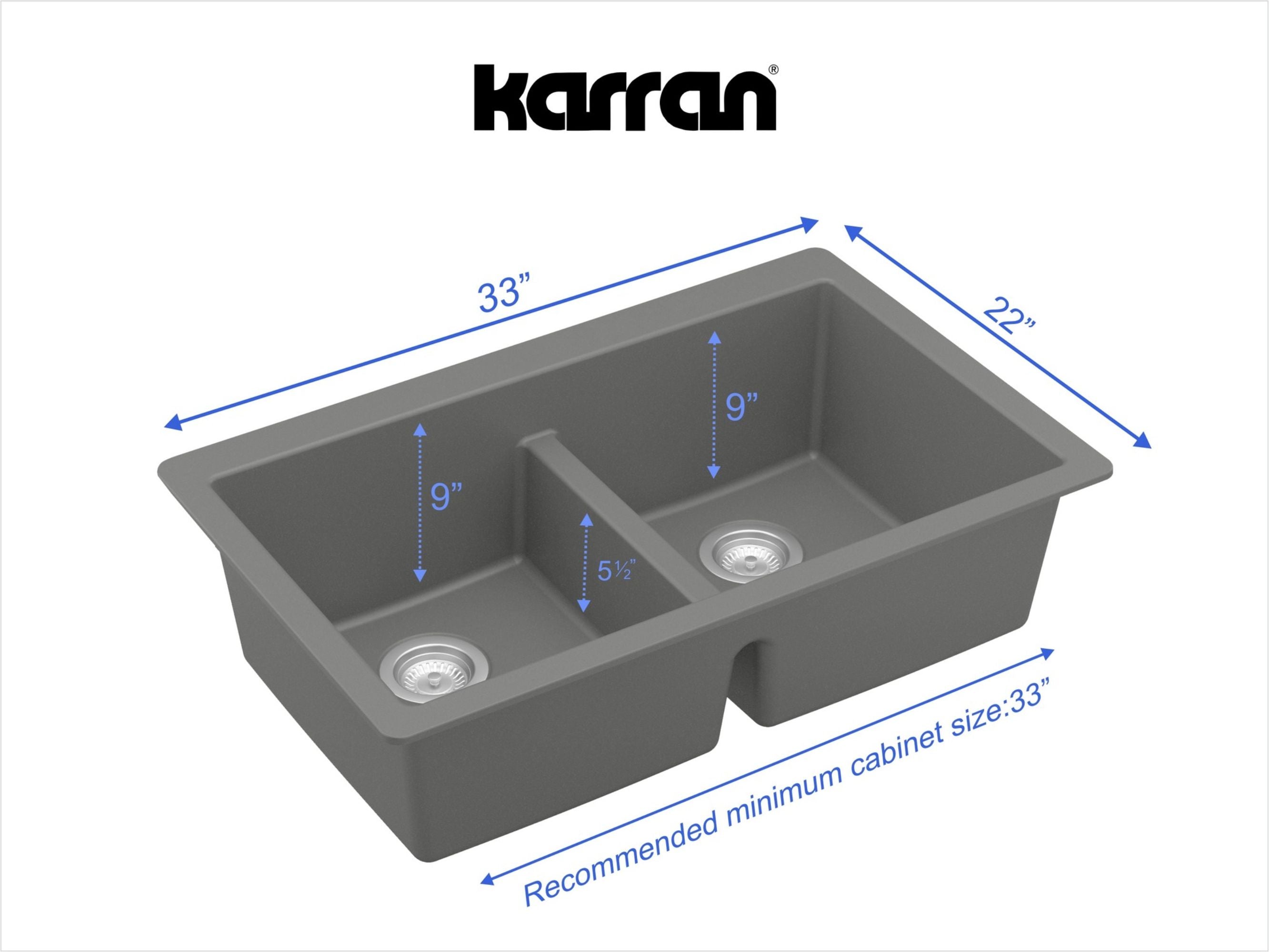 Karran 32" Undermount Quartz Composite Kitchen Sink, 50/50 Double Bowl, Grey, QU-810-GR